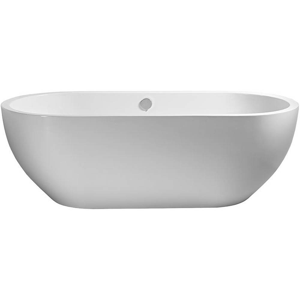 Freistehende weiße ovale Badewanne mit einem zentrierten Ablaufloch, dargestellt vor einem einfachen Hintergrund.