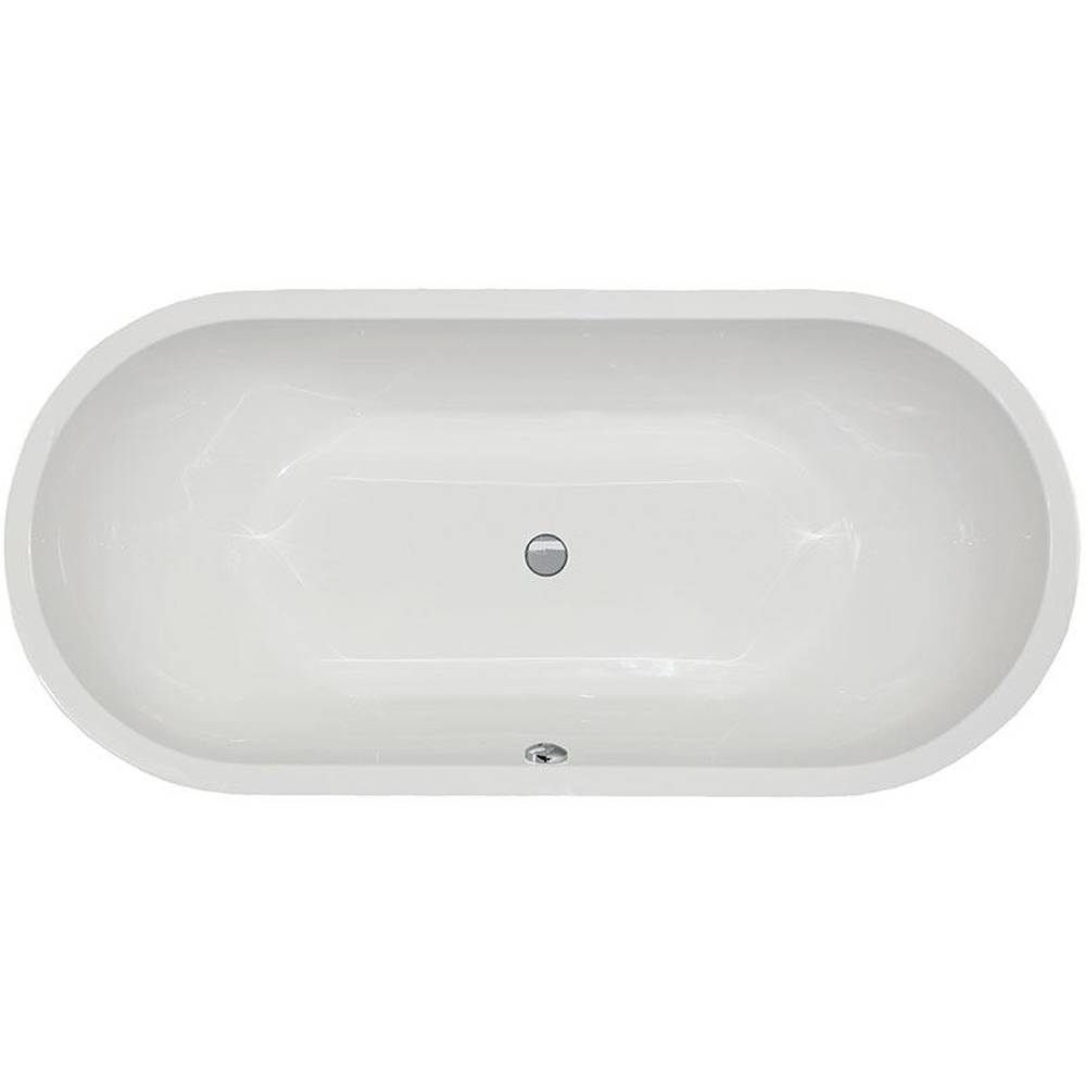 Draufsicht auf eine weiße ovale Badewanne mit zentralem Abfluss und Überlaufloch auf einfachem Hintergrund.