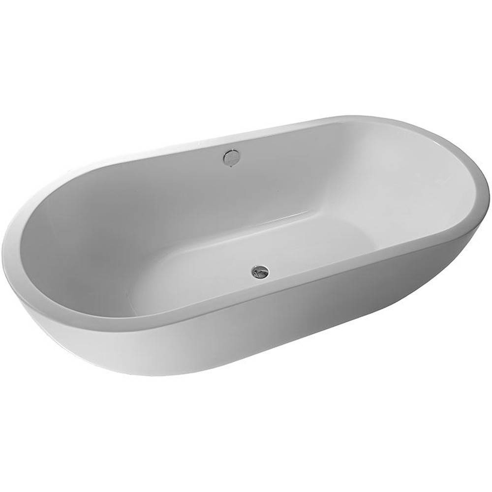 Freistehende ovale weiße Badewanne mit Ablauf und Überlauföffnung, dargestellt vor einem einfachen Hintergrund.