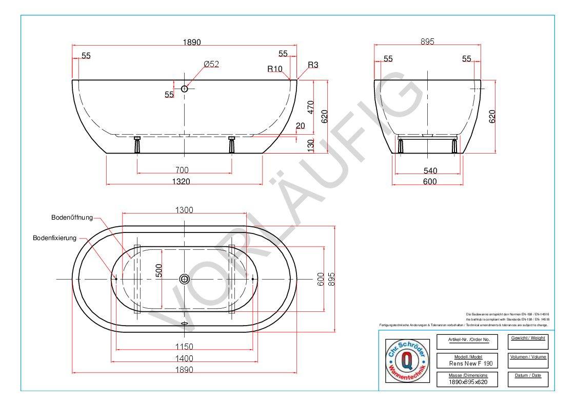 Technische Zeichnung einer ovalen Badewanne mit Vorder-, Seiten- und Draufsicht, Abmessungen und Installationsdetails.
