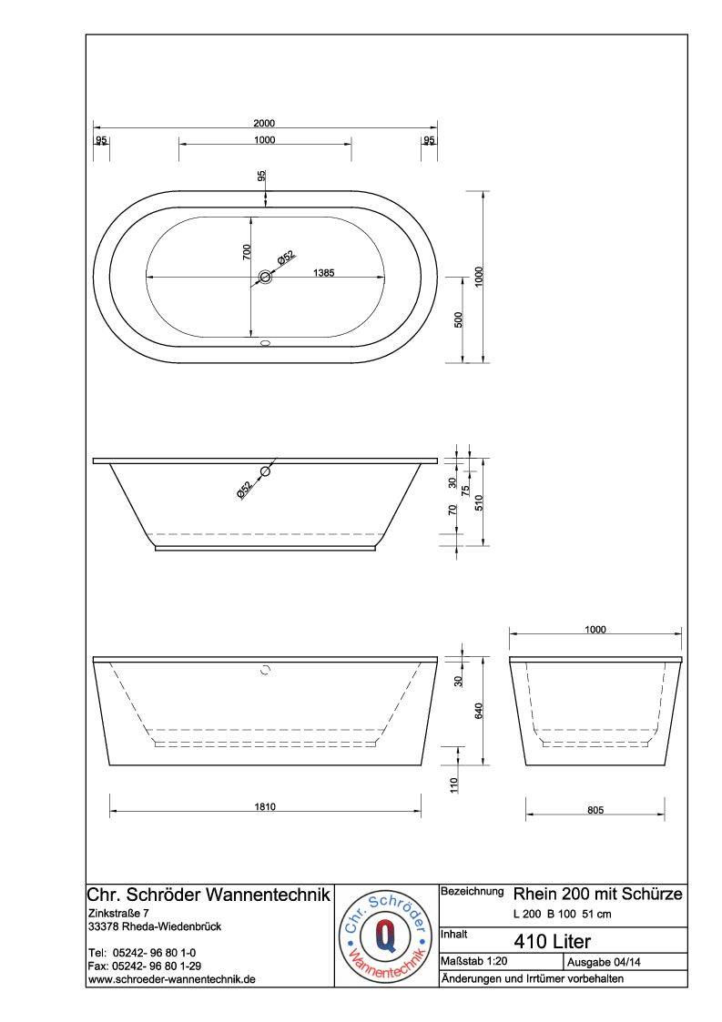 Schröder Badewanne Ovalwanne Rhein 200x100x51/64 cm weiß mit 2-teiliger Schürze