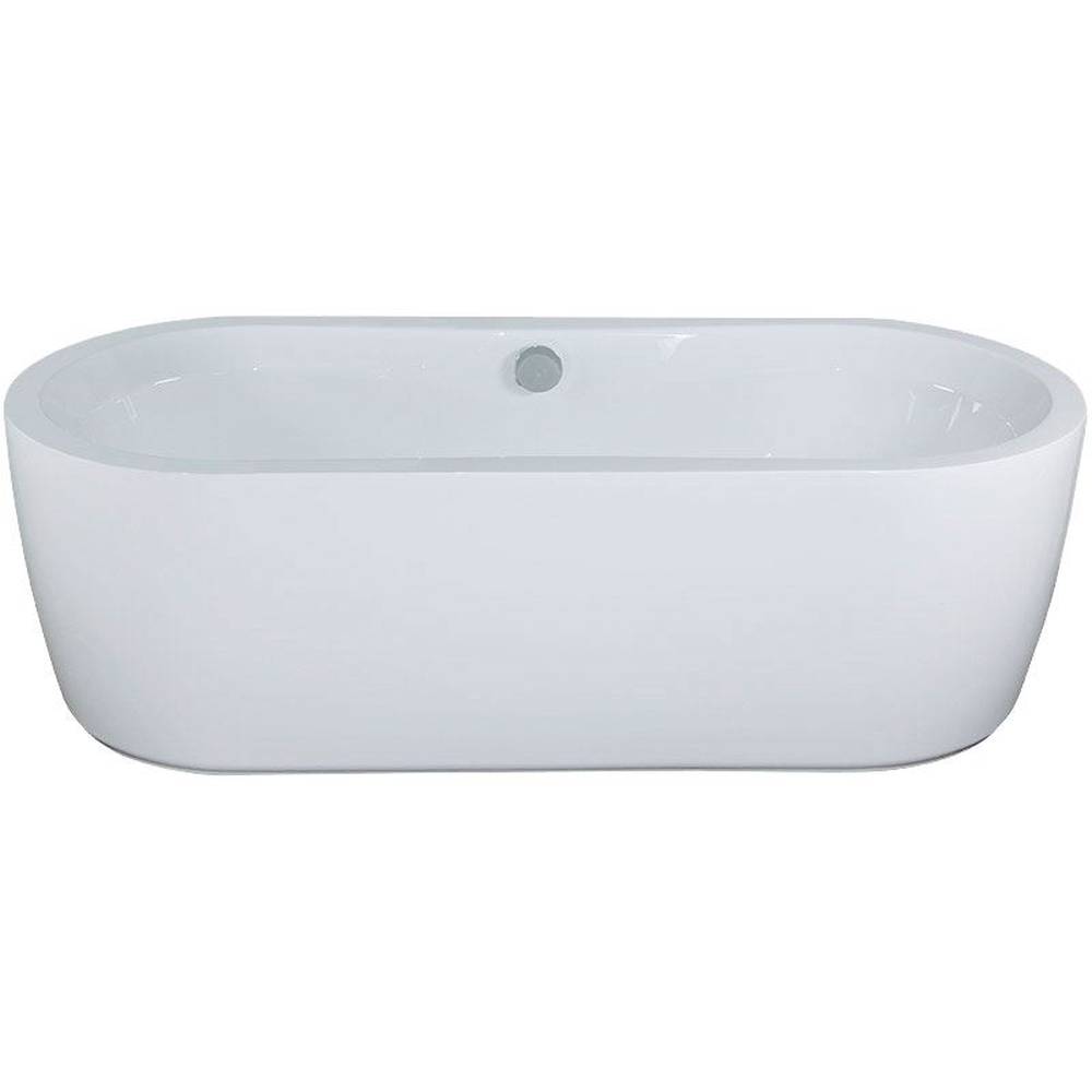 Weiße freistehende ovale Badewanne mit zentralem Abllussloch, gezeigt auf einfachem Hintergrund.