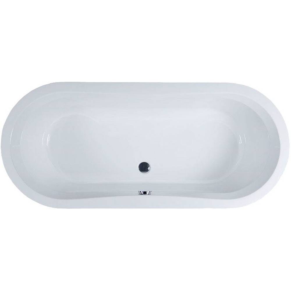 Draufsicht einer weißen ovalen Badewanne mit einem zentrierten Ablauf auf einfachem weißem Hintergrund.