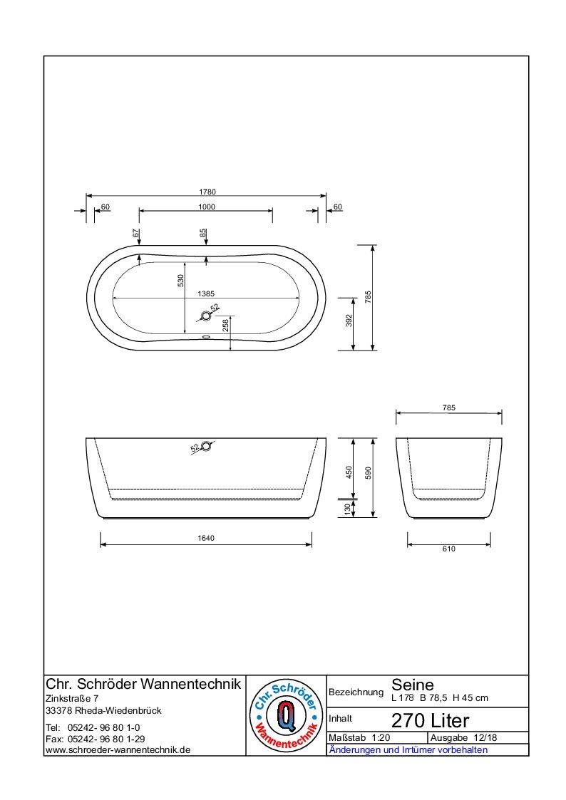 Technische Zeichnung einer ovalen Badewanne 