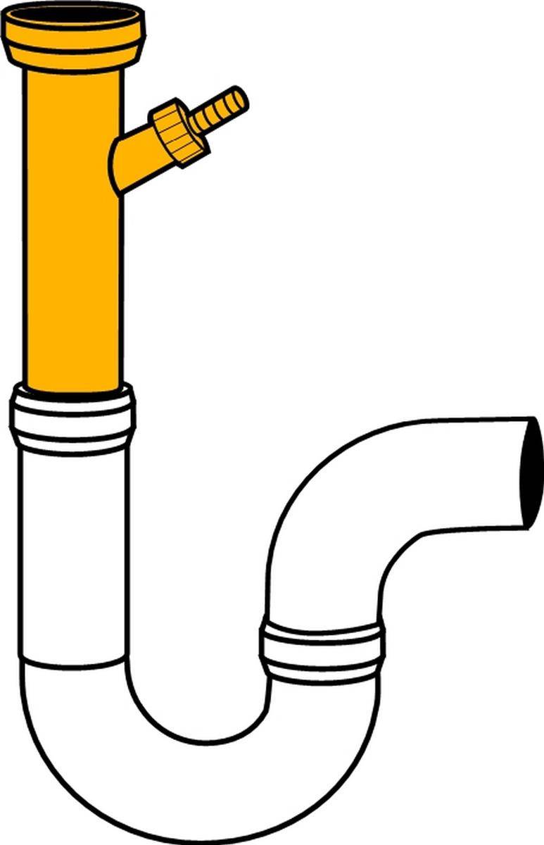 Illustration eines Abwasserrohrverschlusses mit einem senkrechten Rohr, einem seitlichen Einlass und einer gekrümmten U-förmigen Biegung, die zu einem waagerechten Auslass führt.