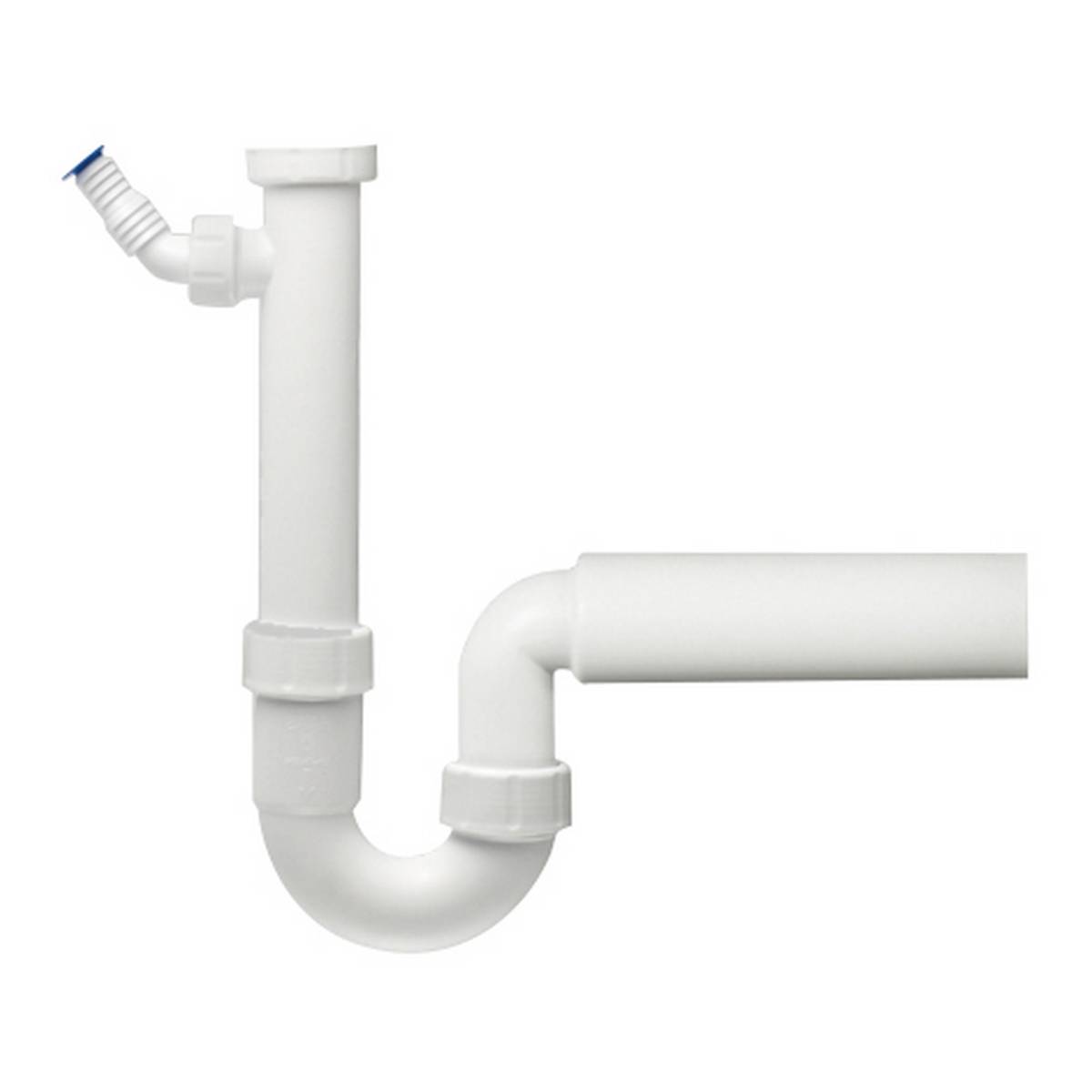 Weißes Kunststoff-P-Siphon-Drainrohr mit vertikalem Einlass und horizontalem Auslass-Bogen auf einfachem Hintergrund.