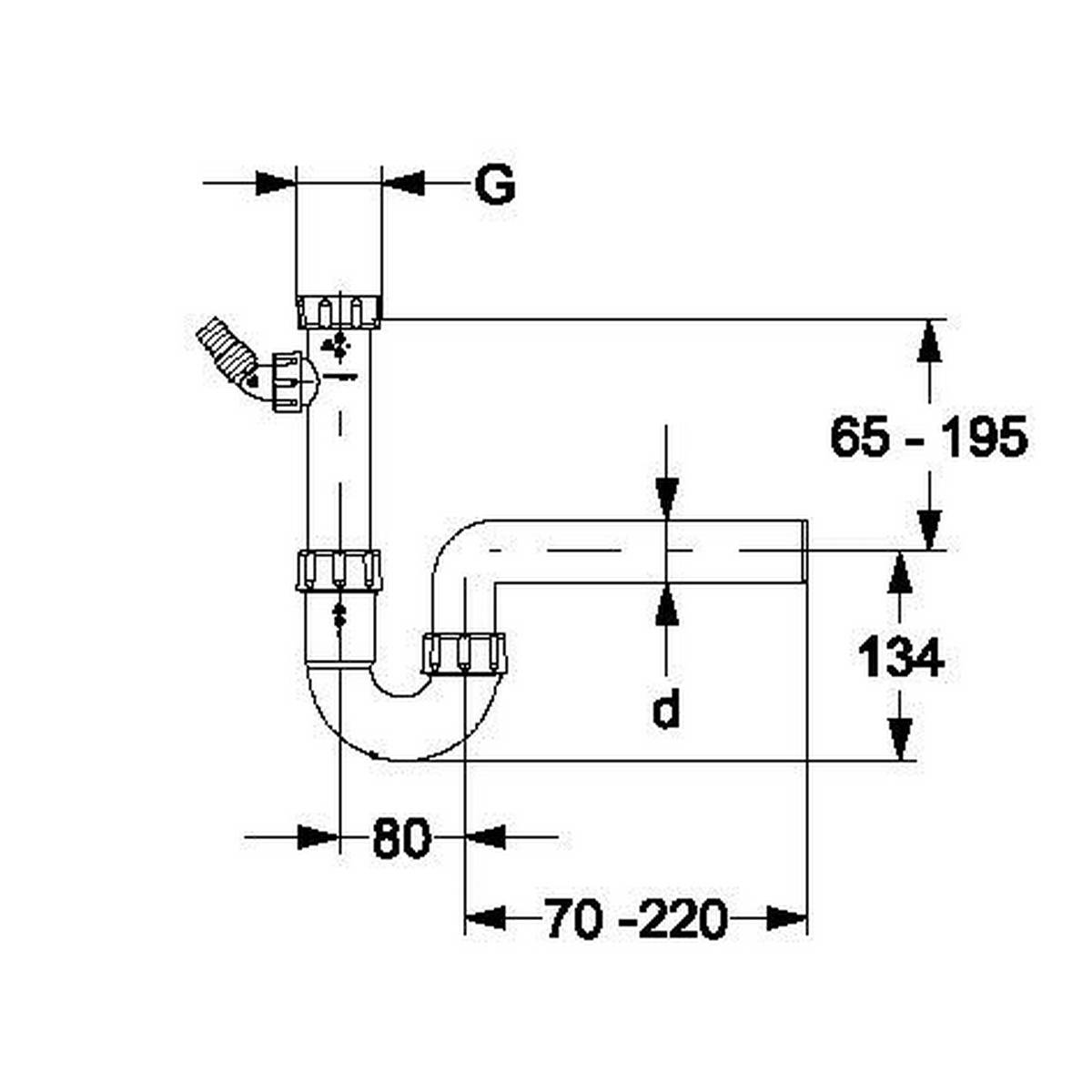 Rohrverschluss-Diagramm mit einstellbaren Abmessungen mit den Bezeichnungen G, d, 80, 70–220, 134 und 65–195.