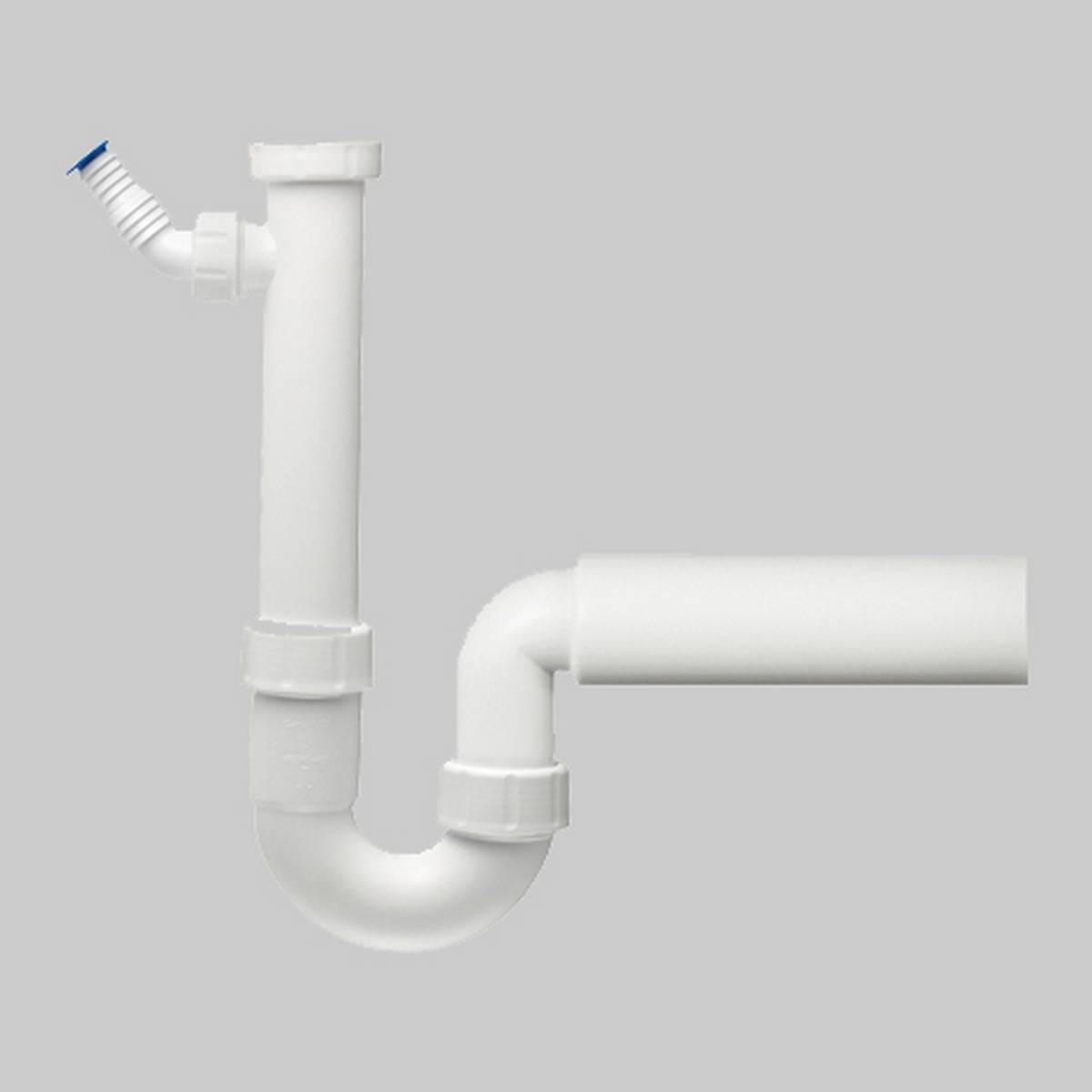 Weißes PVC-Spülbeckenablaufrohr mit vertikalem Rohr, gebogenem U-förmigem Bogen und horizontalem Auslauf, dargestellt auf grauem Hintergrund.