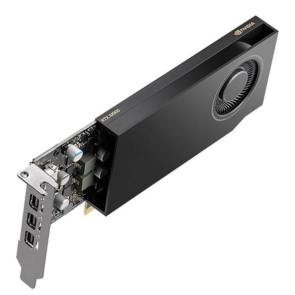 NVIDIA RTX A4000-Grafikkarte in Dreiviertelsicht, schwarze Lüfter-Kühleinlassung mit Doppelschacht-Halterung und Display-Anschlüssen.
