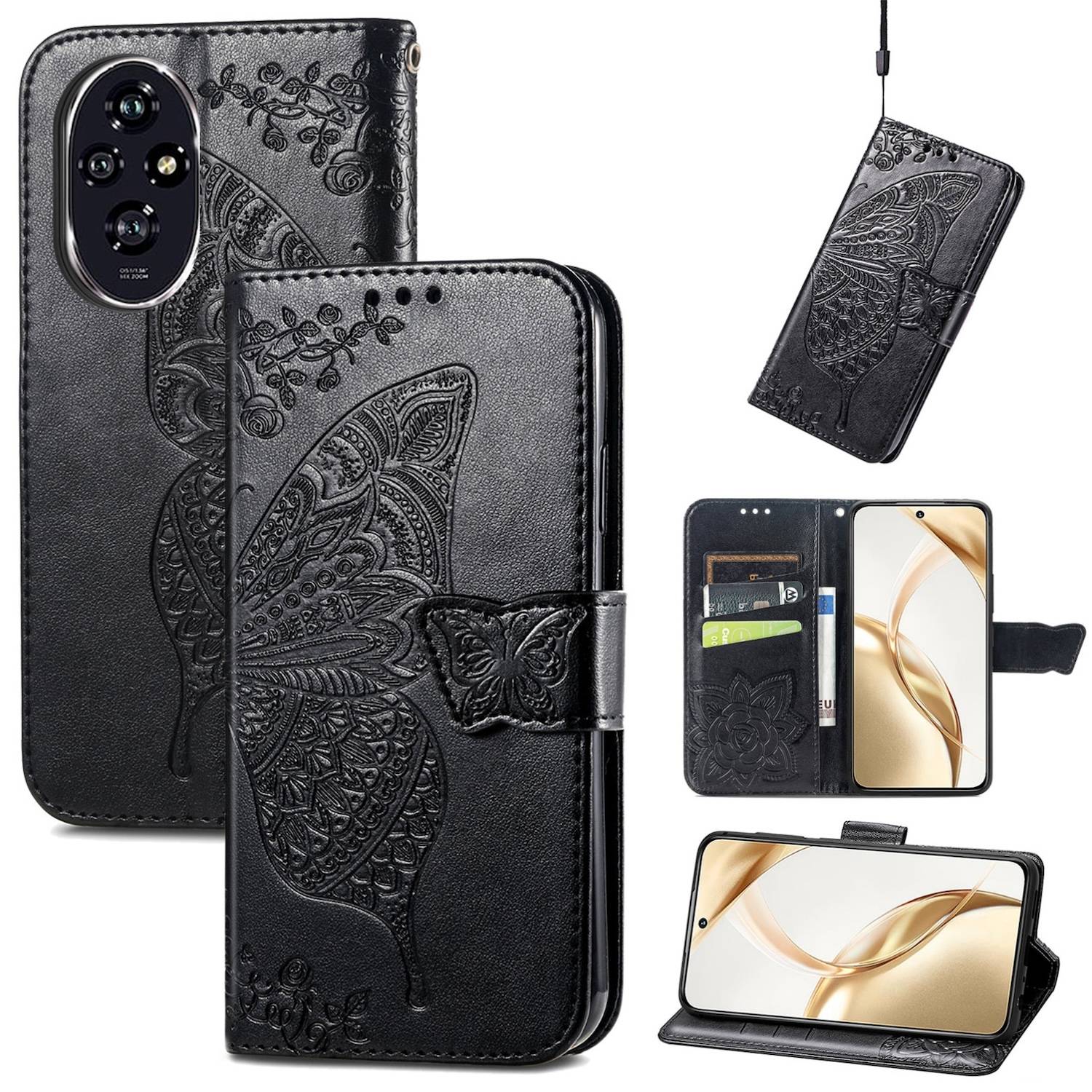 Für Honor 200 Kunstleder Wallet Tasche Design Schmetterling Schwarz