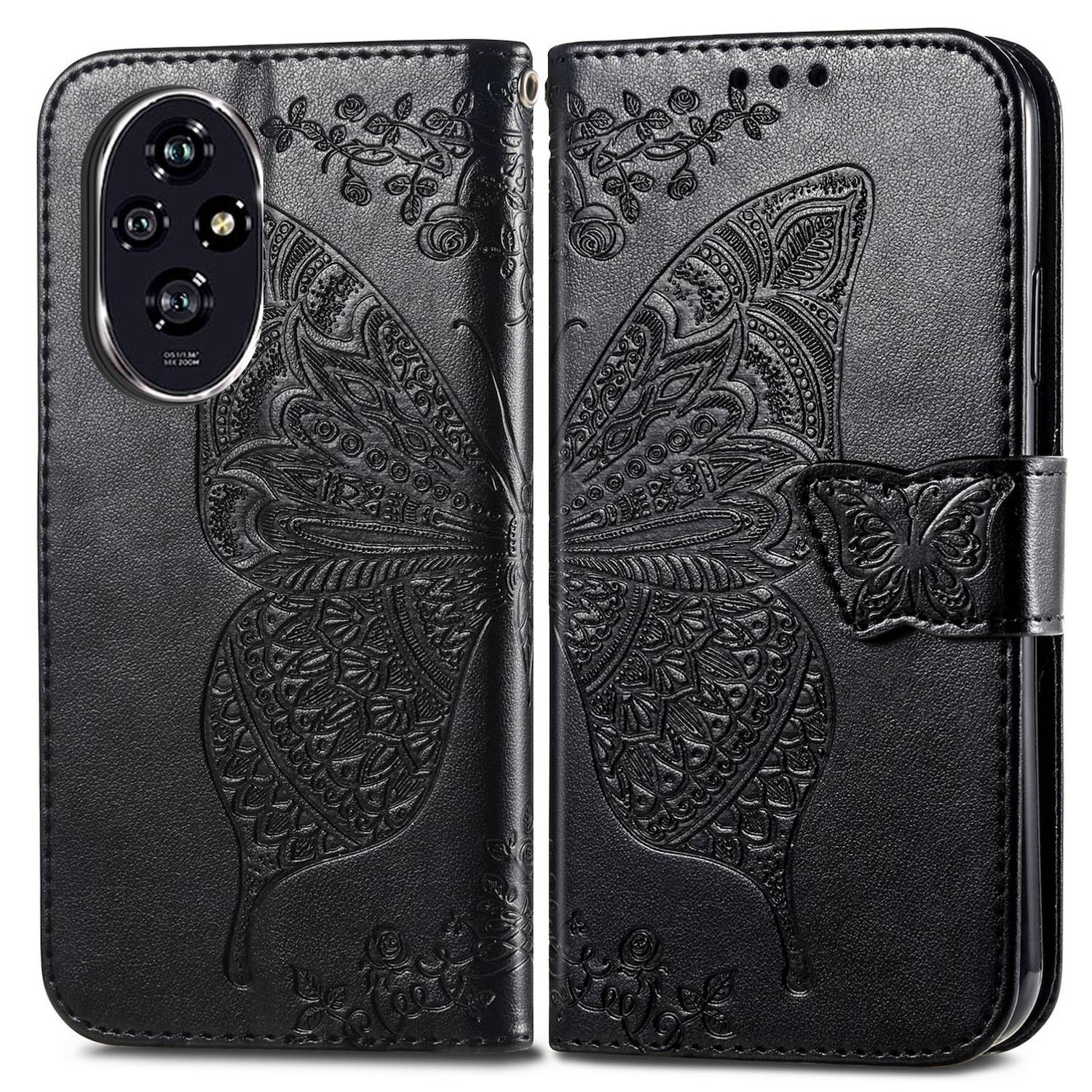 Für Honor 200 Kunstleder Wallet Tasche Design Schmetterling Schwarz