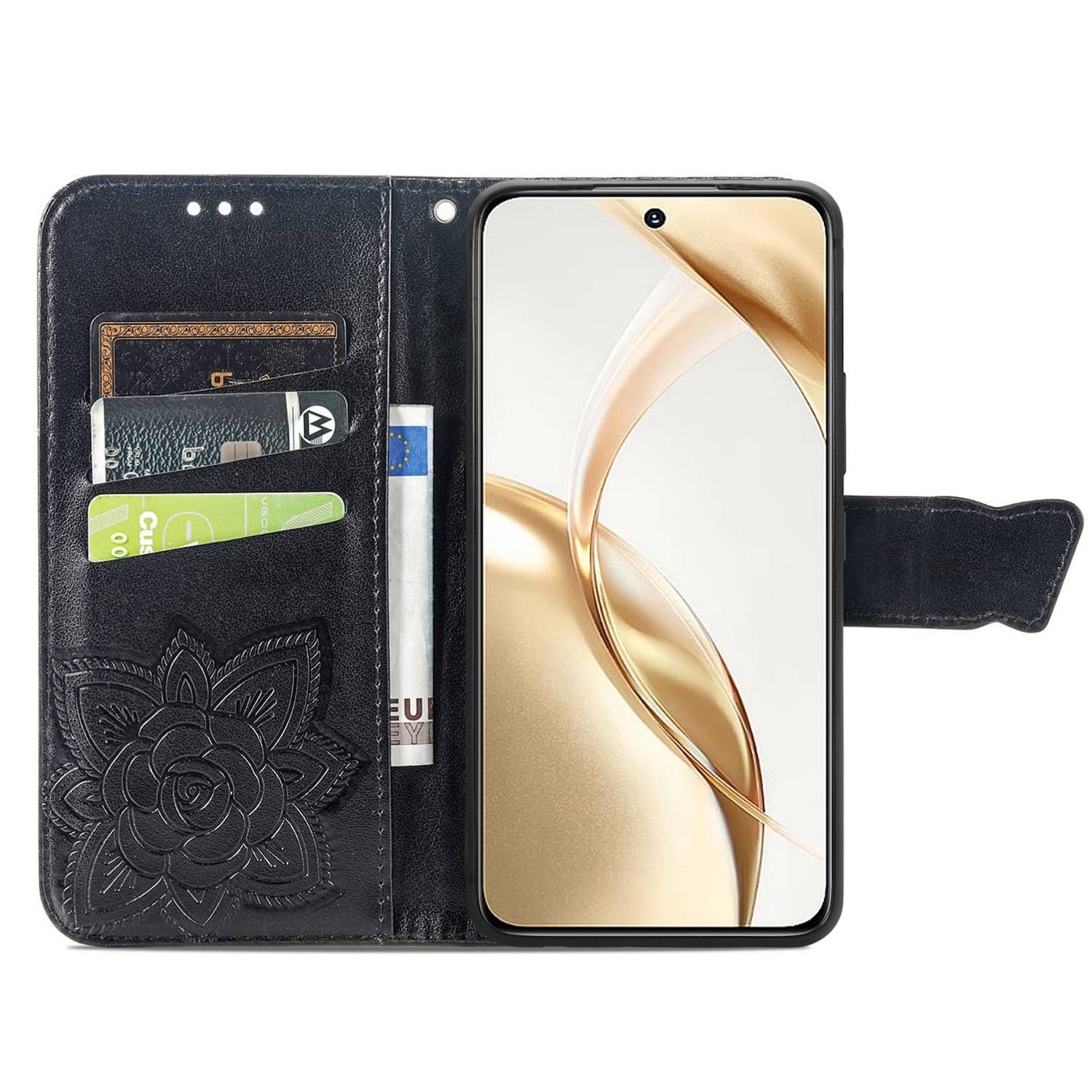 Für Honor 200 Kunstleder Wallet Tasche Design Schmetterling Schwarz