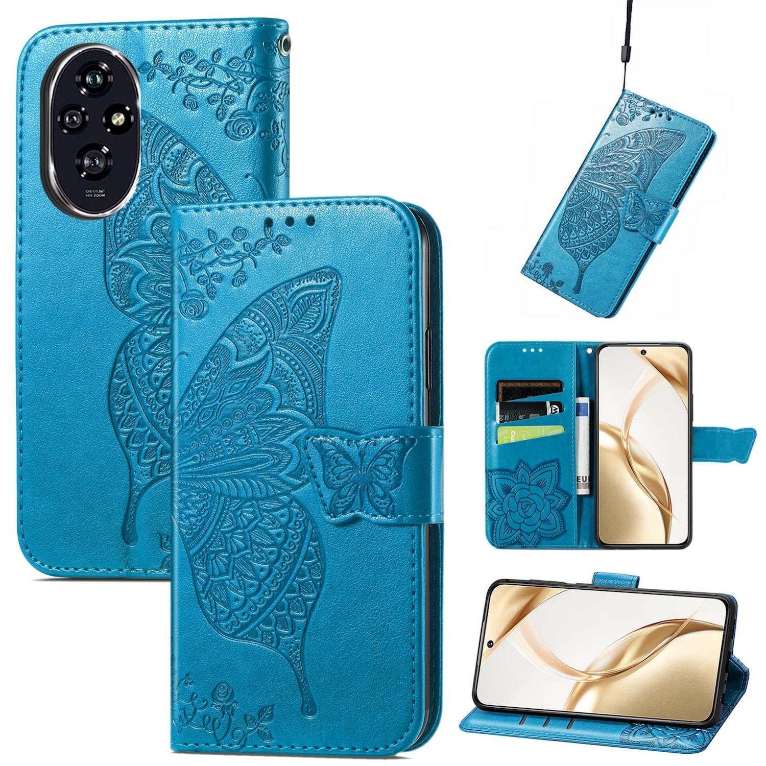 Für Honor 200 Kunstleder Wallet Tasche Design Schmetterling Hülle Blau