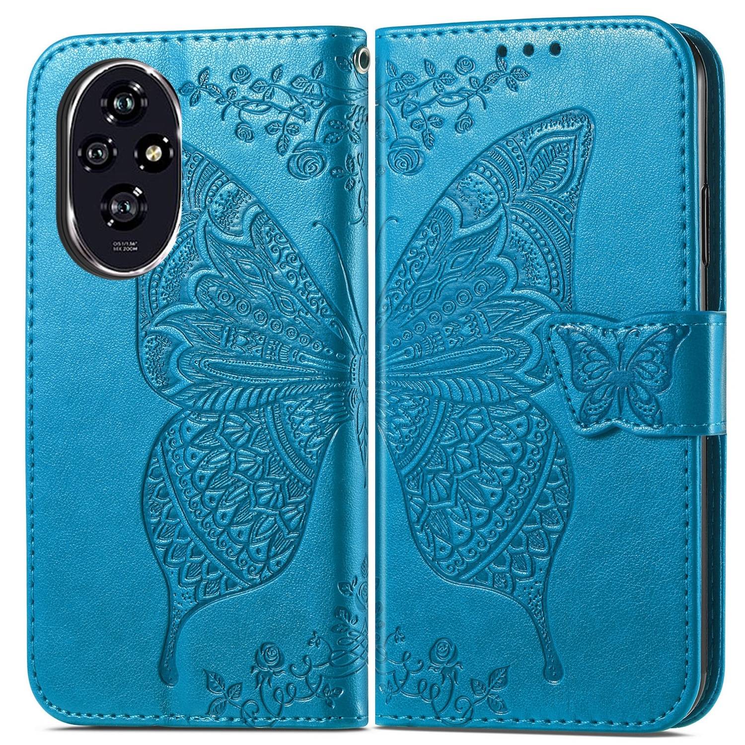 Für Honor 200 Kunstleder Wallet Tasche Design Schmetterling Hülle Blau