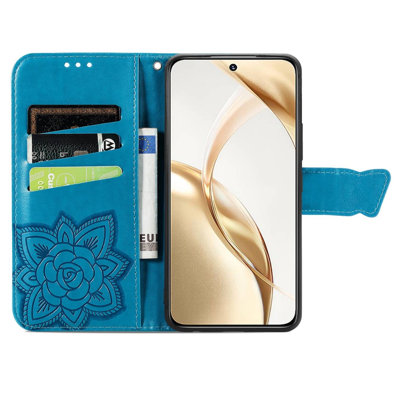 Für Honor 200 Kunstleder Wallet Tasche Design Schmetterling Hülle Blau
