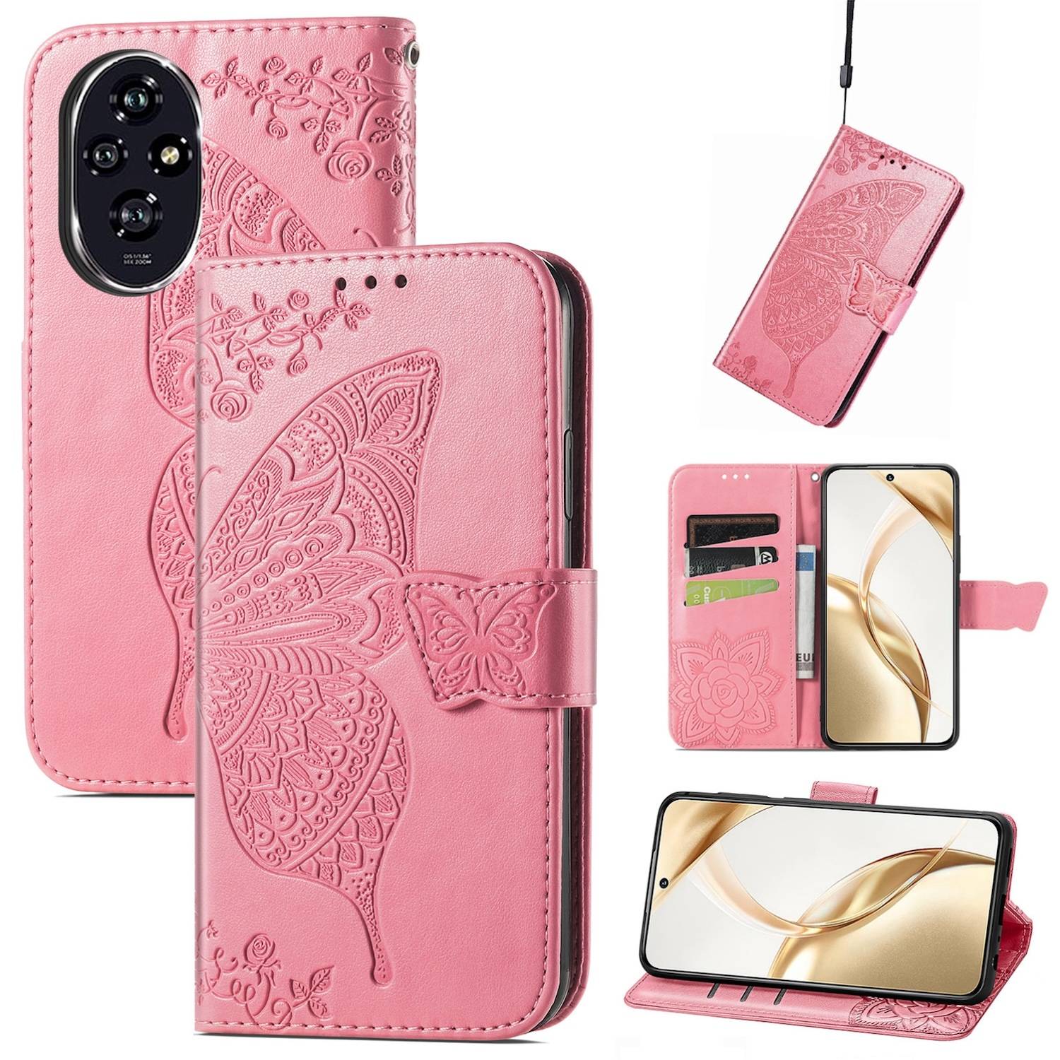 Für Honor 200 Kunstleder Wallet Tasche Design Schmetterling Hülle Pink