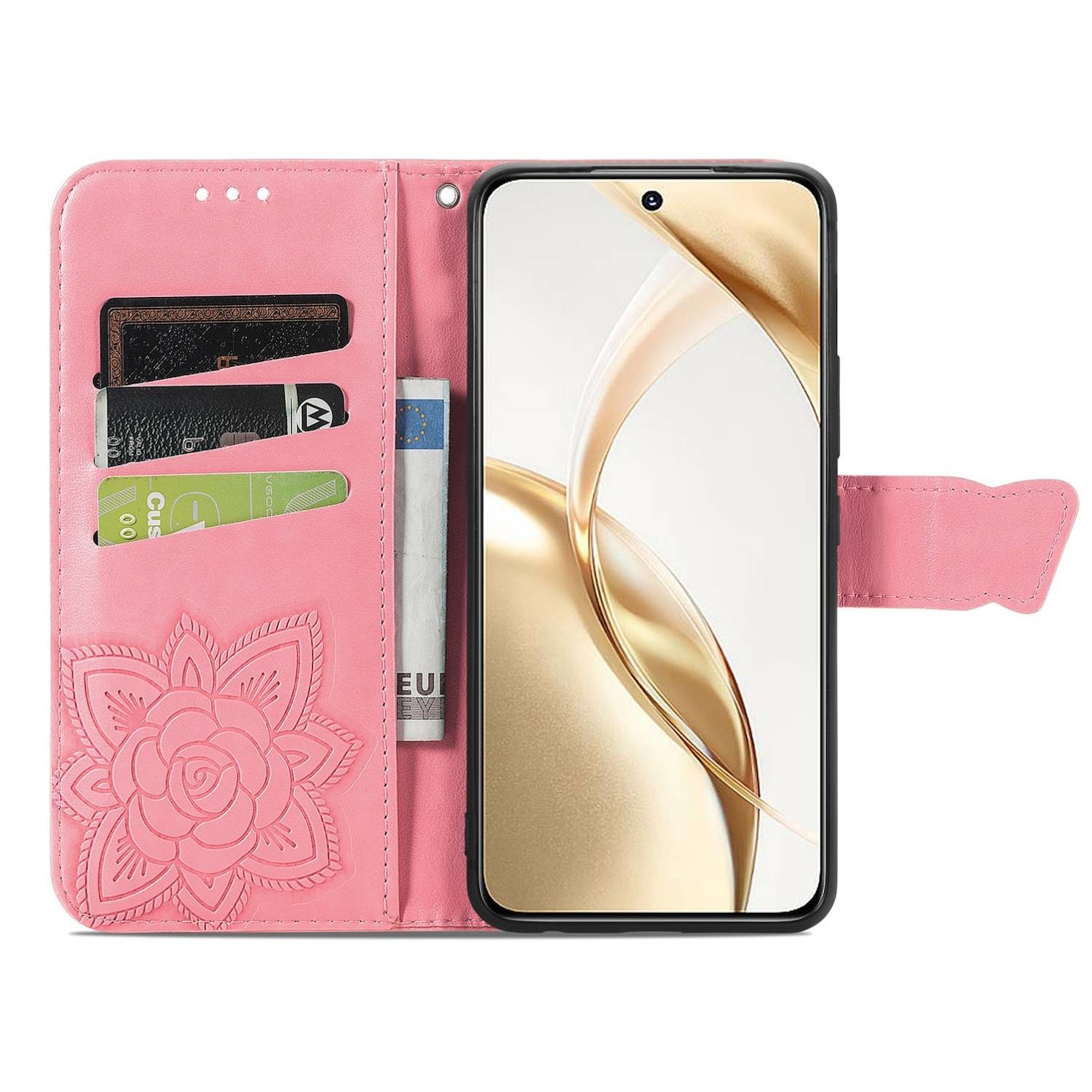 Für Honor 200 Kunstleder Wallet Tasche Design Schmetterling Hülle Pink