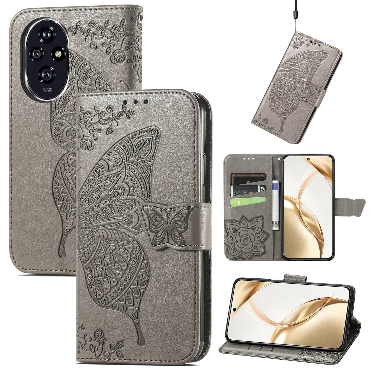 Für Honor 200 Kunstleder Wallet Tasche Design Schmetterling Hülle Grau