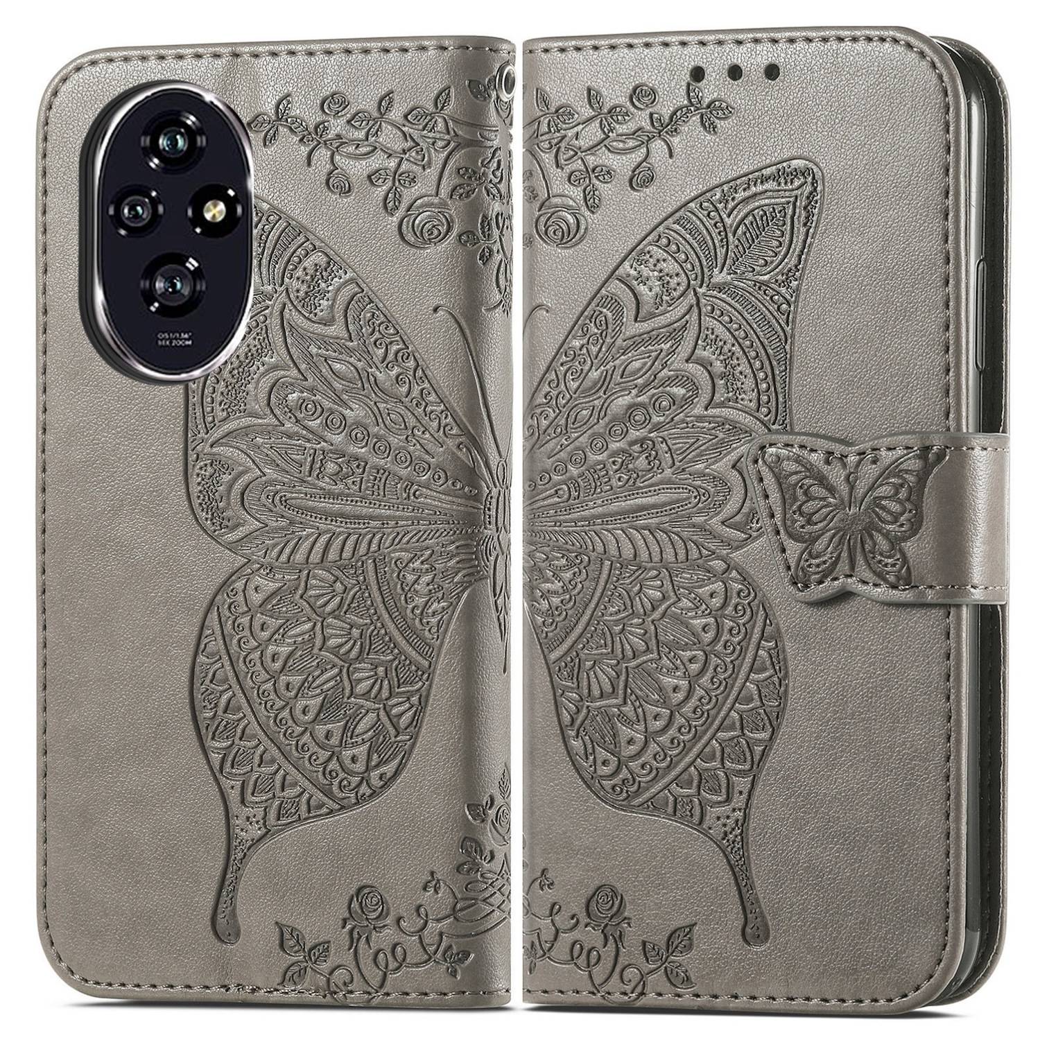 Für Honor 200 Kunstleder Wallet Tasche Design Schmetterling Hülle Grau