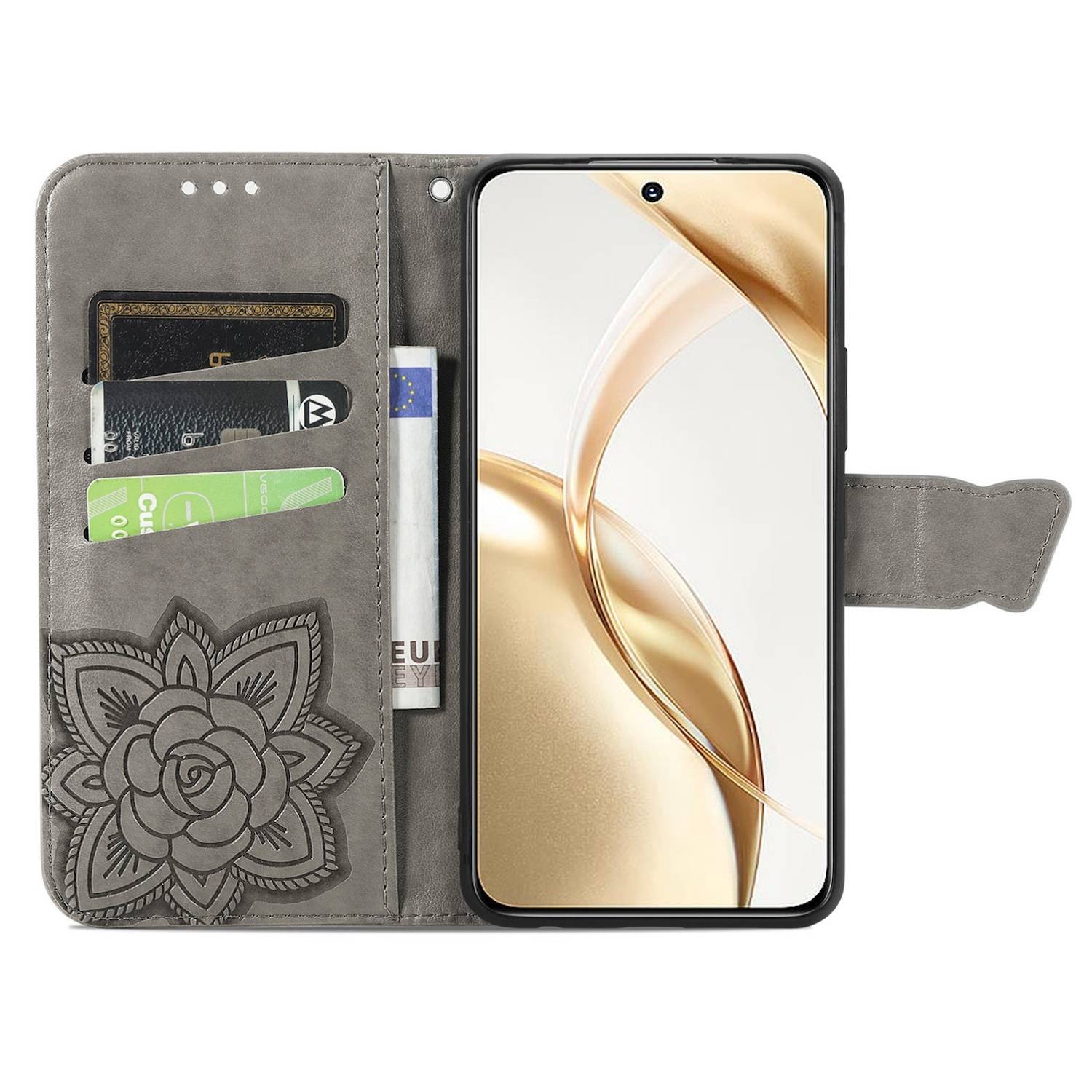 Für Honor 200 Kunstleder Wallet Tasche Design Schmetterling Hülle Grau