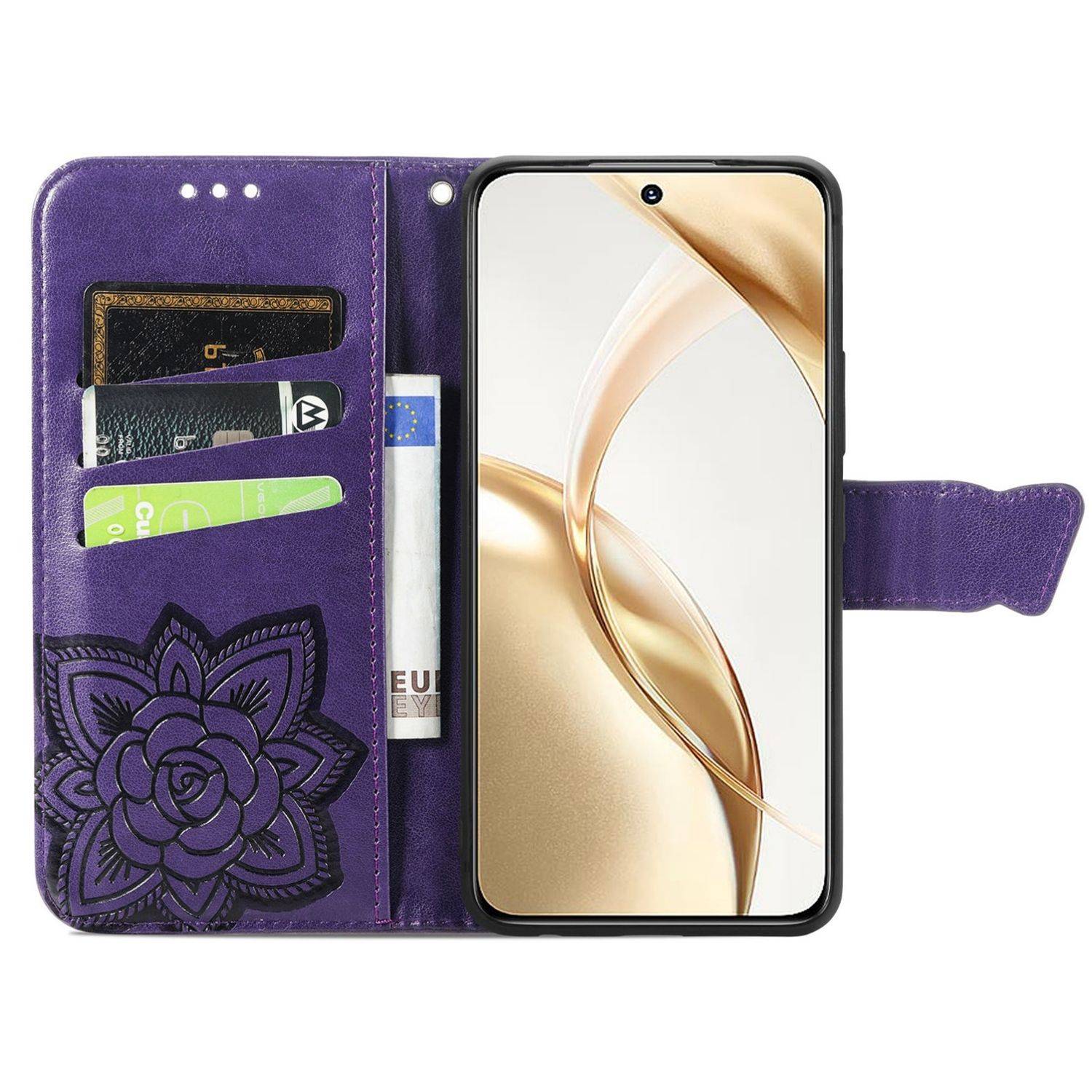 Für Honor 200 Kunstleder Wallet Tasche Design Schmetterling Hülle Lila