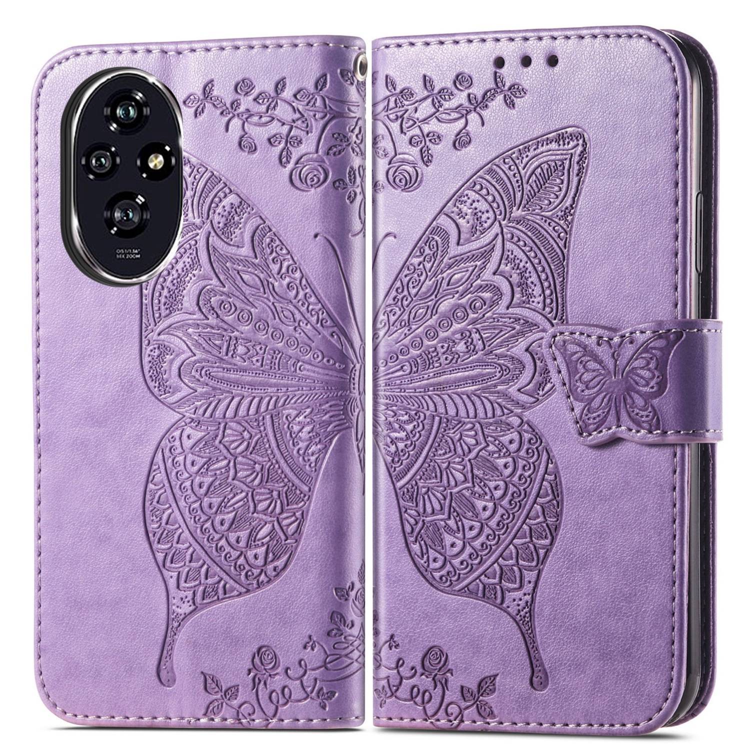 Für Honor 200 Kunstleder Wallet Tasche Design Schmetterling Hell-Lila