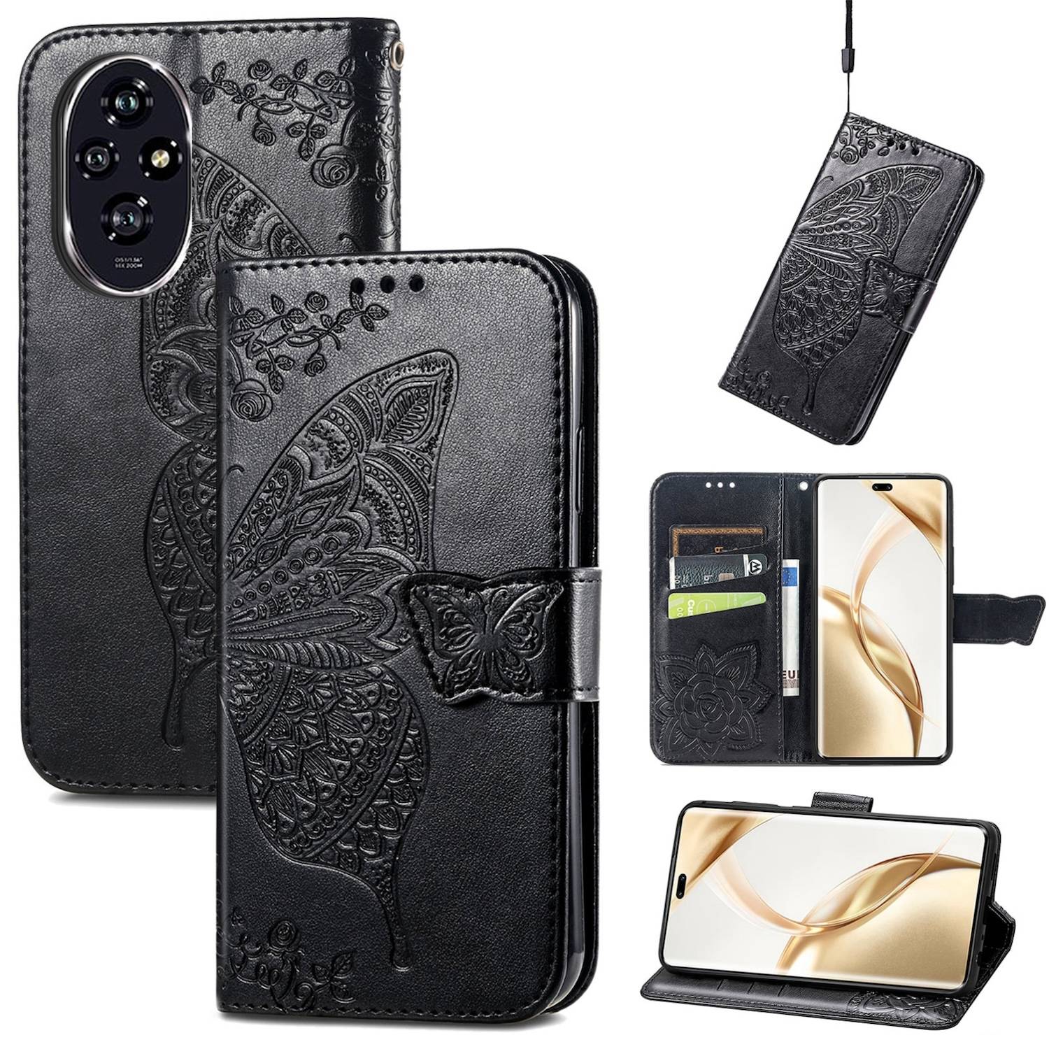 Für Honor 200 Pro Kunstleder Wallet Tasche Schmetterling Hülle Schwarz