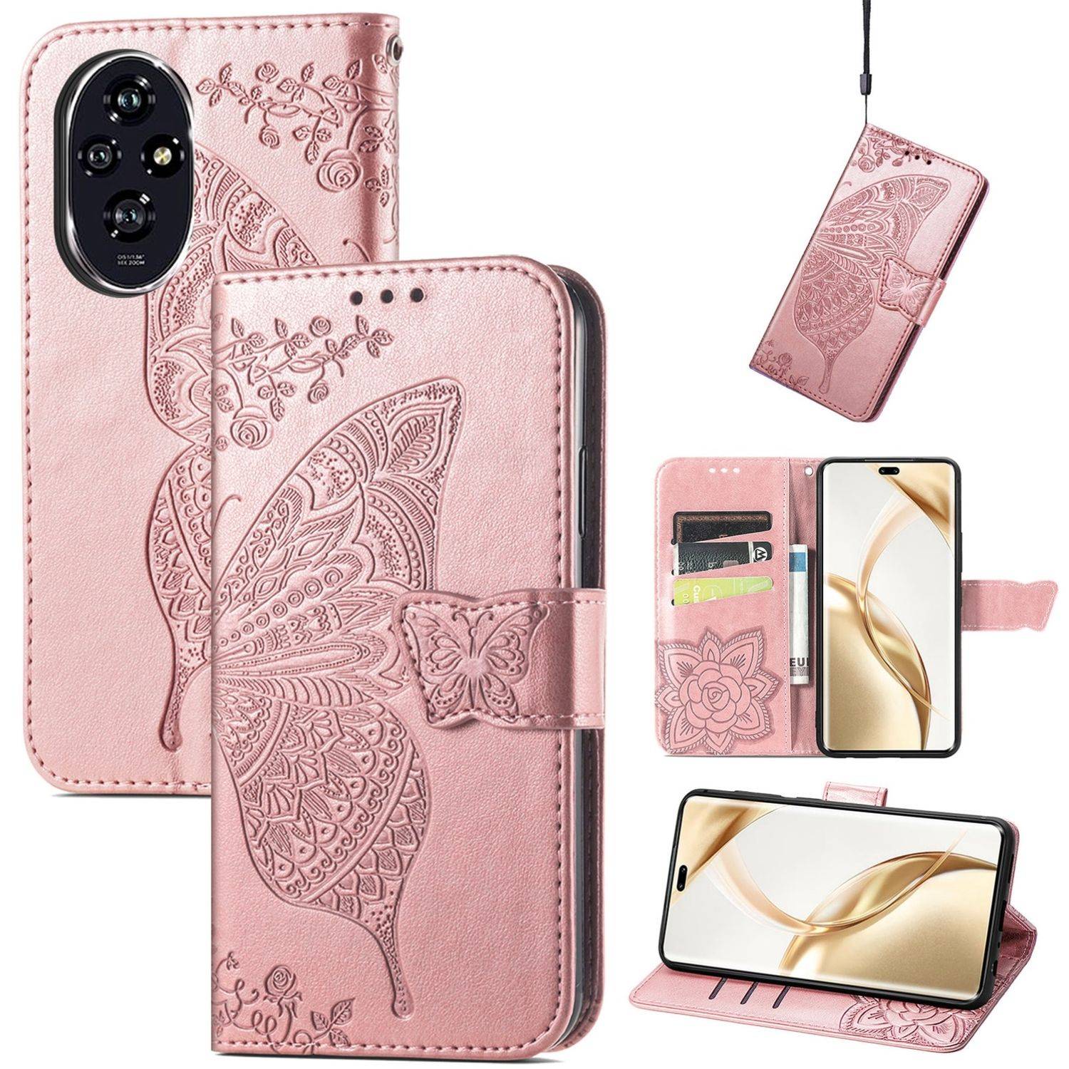 Für Honor 200 Pro Kunstleder Wallet Tasche Design Schmetterling Rosa