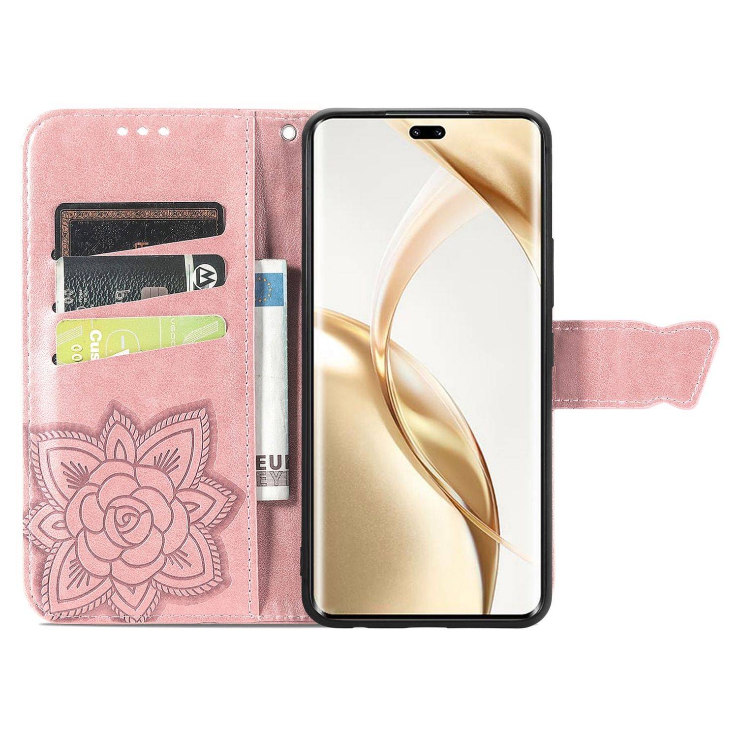 Für Honor 200 Pro Kunstleder Wallet Tasche Design Schmetterling Rosa
