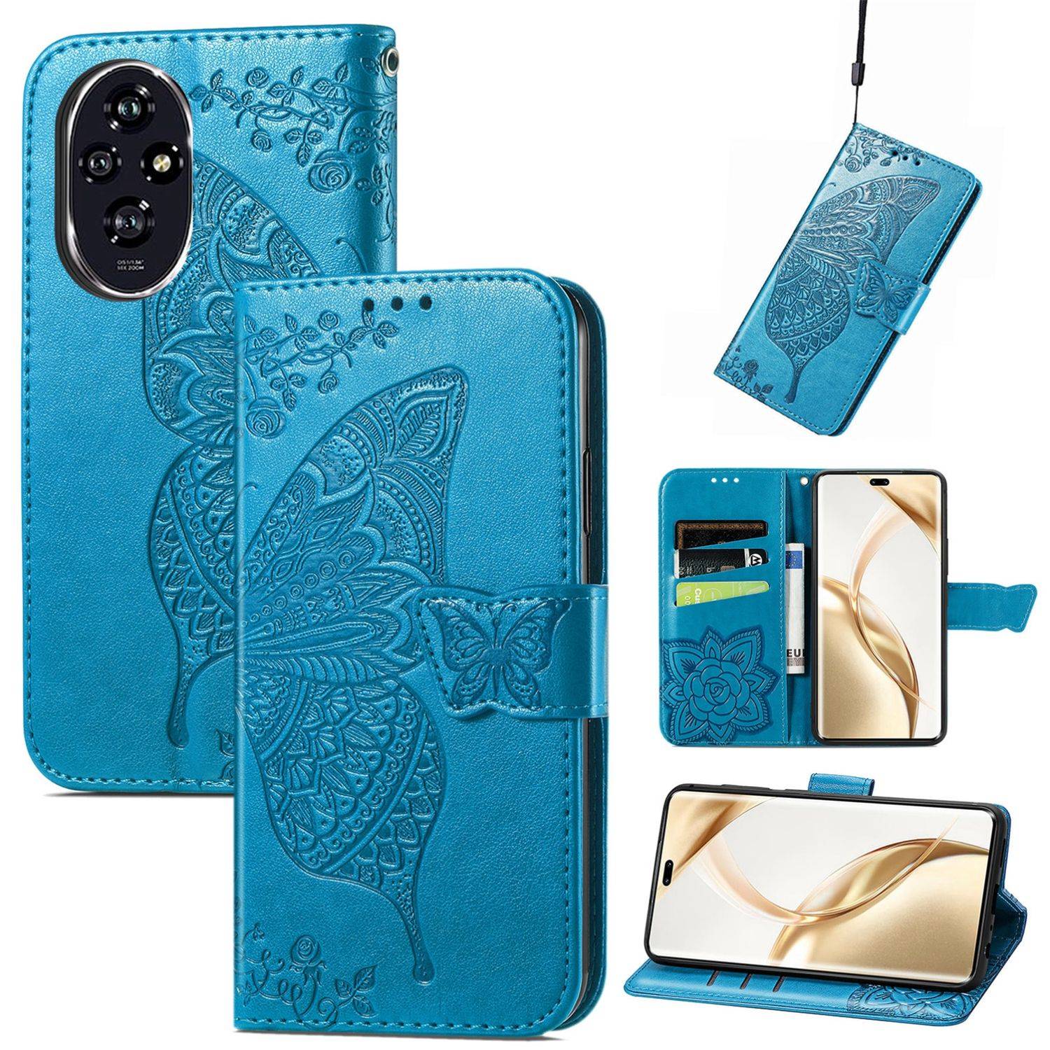 Für Honor 200 Pro Kunstleder Wallet Tasche Design Schmetterling Blau