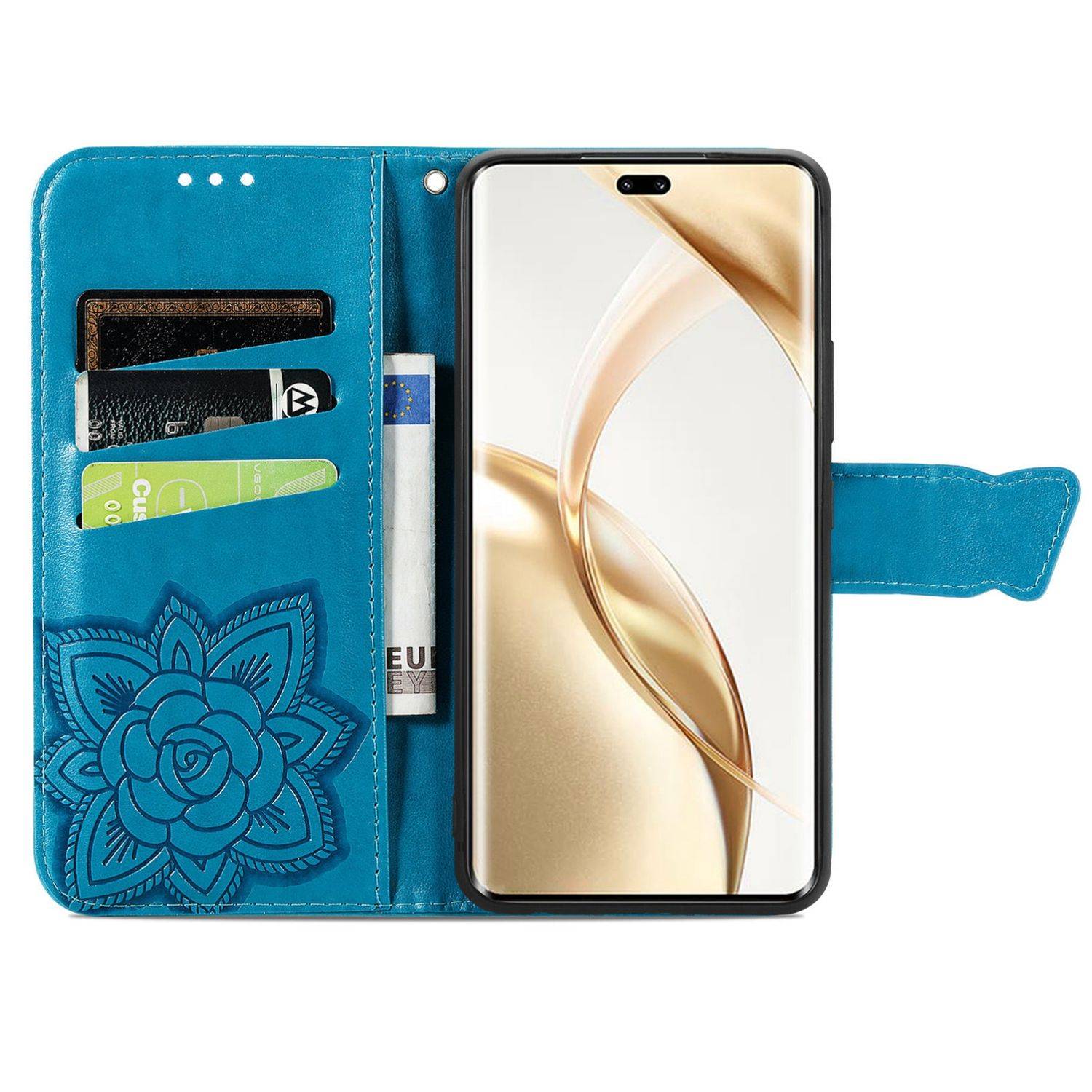 Für Honor 200 Pro Kunstleder Wallet Tasche Design Schmetterling Blau