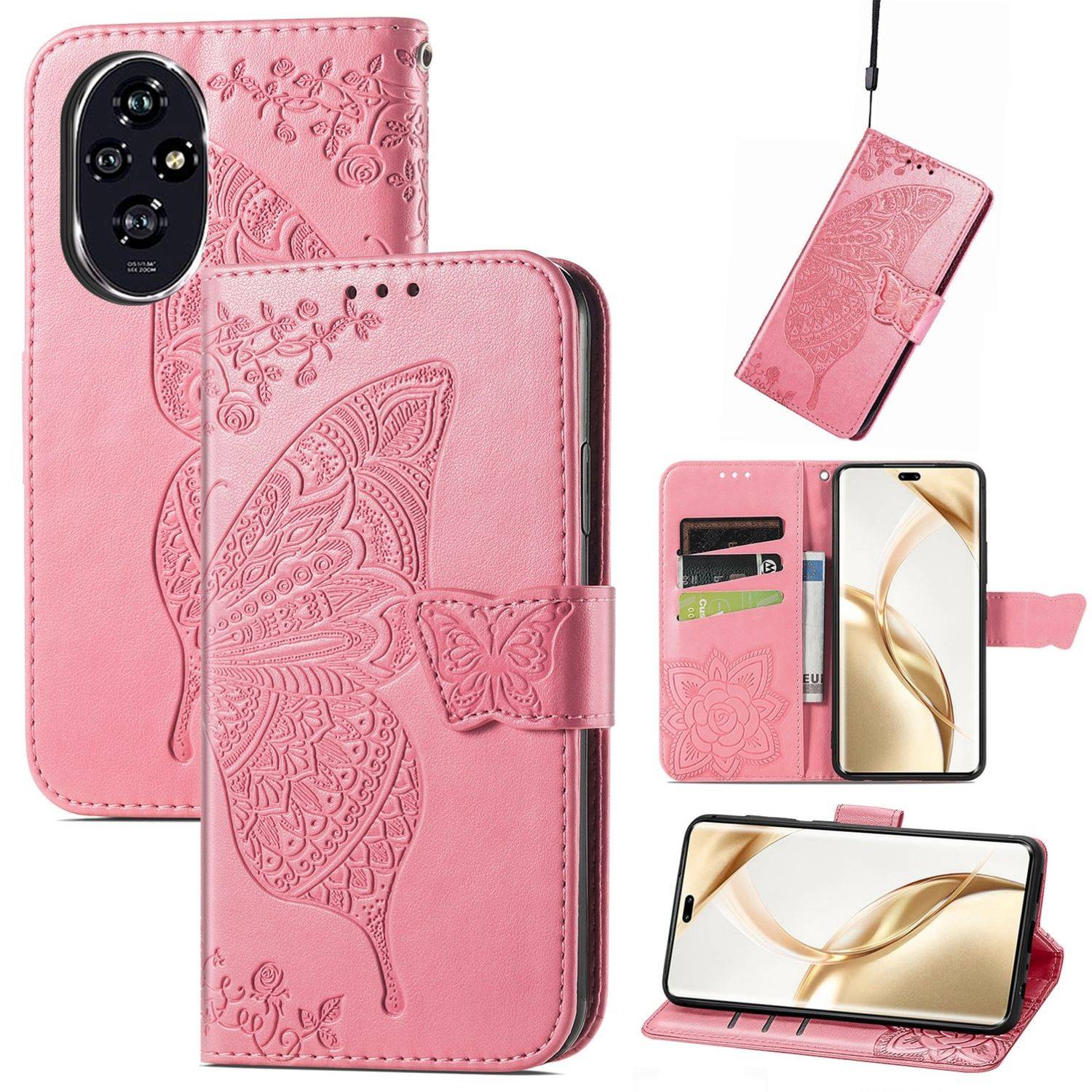 Für Honor 200 Pro Kunstleder Wallet Tasche Design Schmetterling Pink