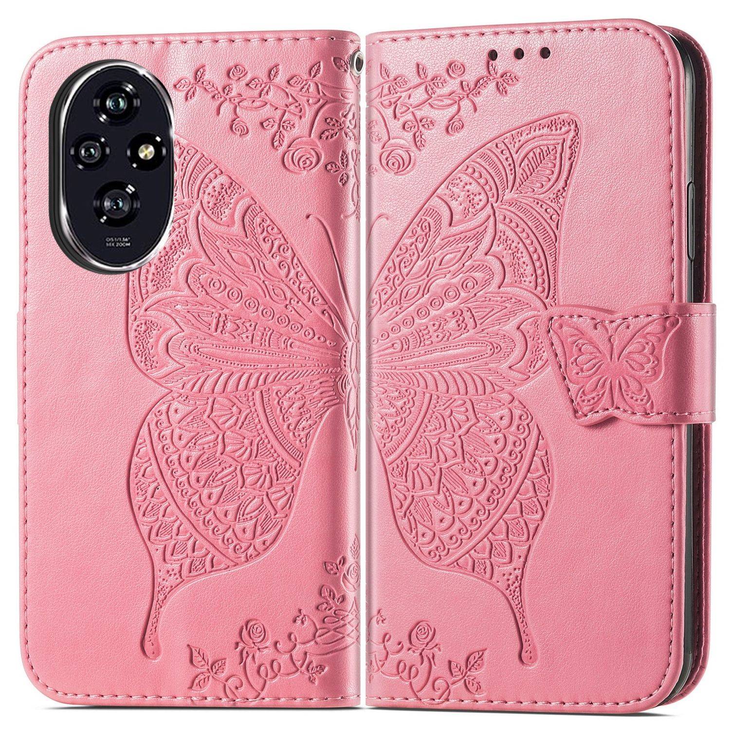 Für Honor 200 Pro Kunstleder Wallet Tasche Design Schmetterling Pink