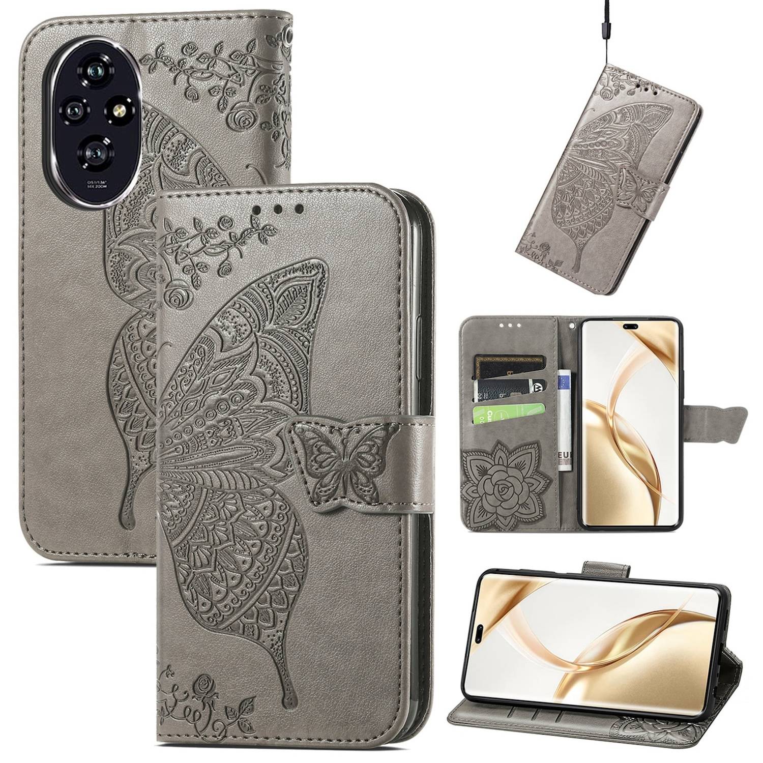 Für Honor 200 Pro Kunstleder Wallet Tasche Design Schmetterling Grau