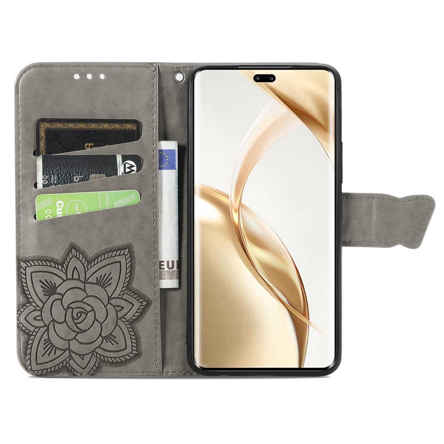 Für Honor 200 Pro Kunstleder Wallet Tasche Design Schmetterling Grau