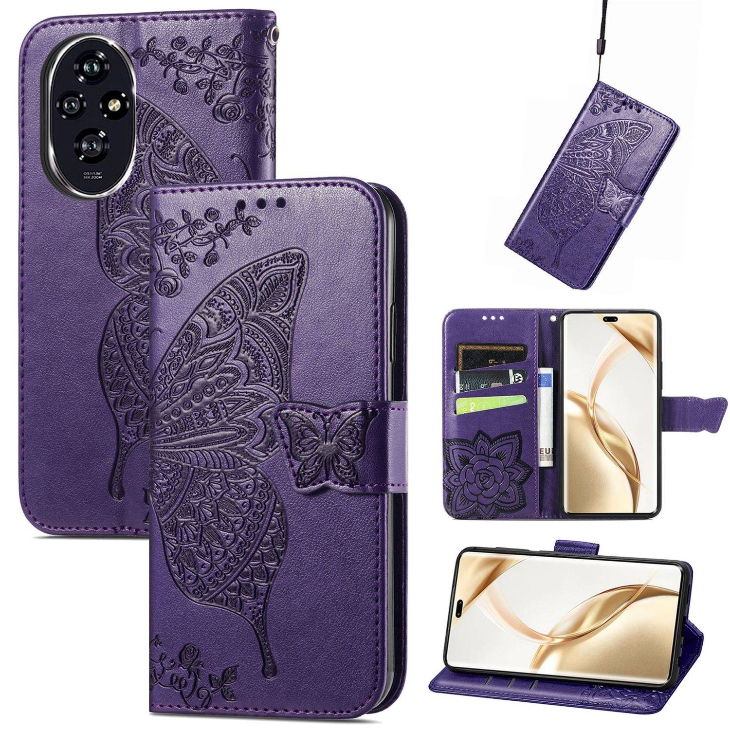 Für Honor 200 Pro Kunstleder Wallet Tasche Design Schmetterling Lila