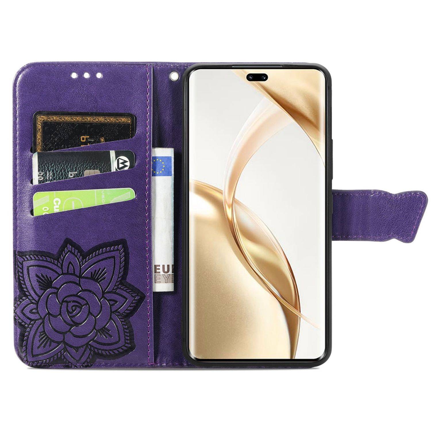 Für Honor 200 Pro Kunstleder Wallet Tasche Design Schmetterling Lila