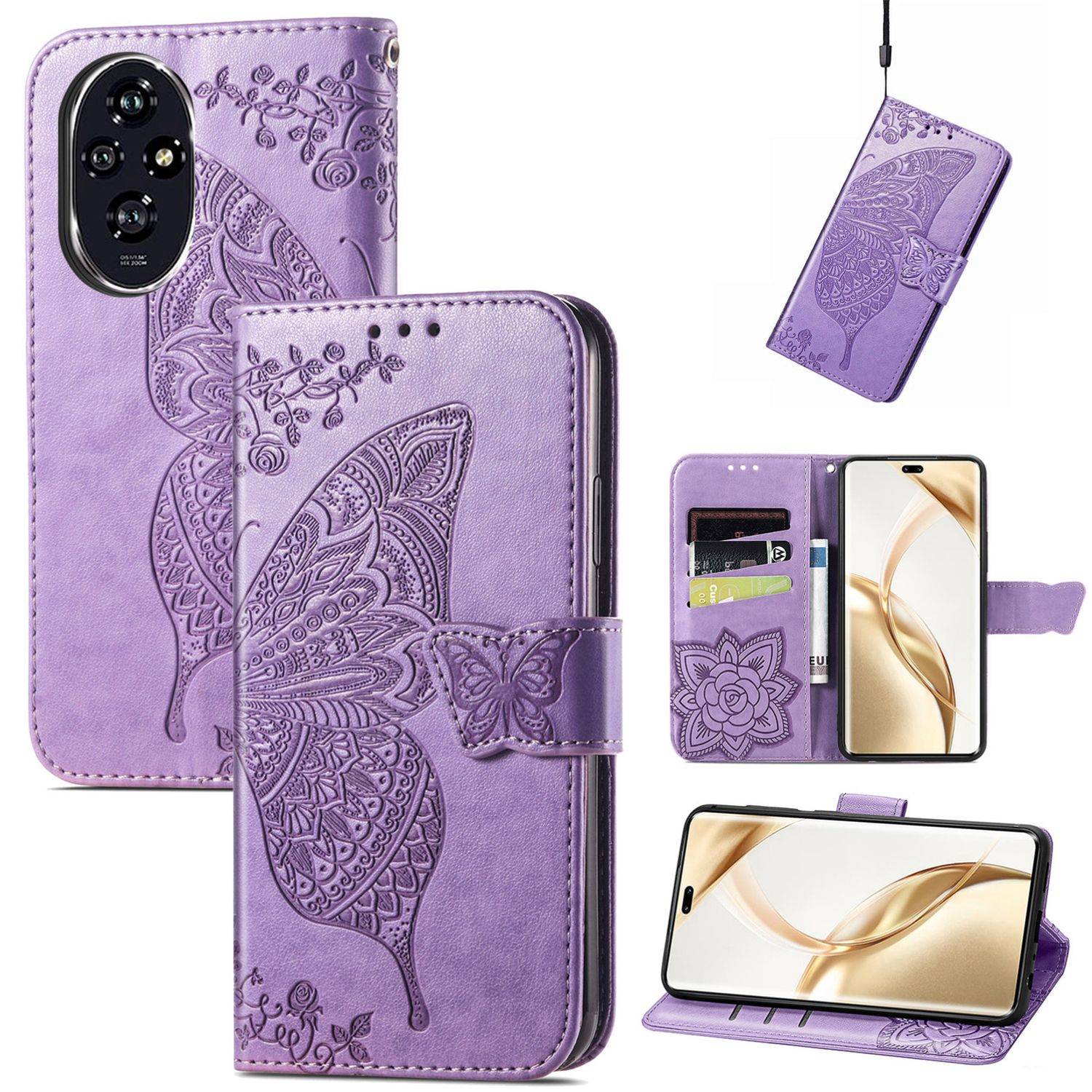 Für Honor 200 Pro Kunstleder Wallet Tasche Schmetterling Hell-Lila
