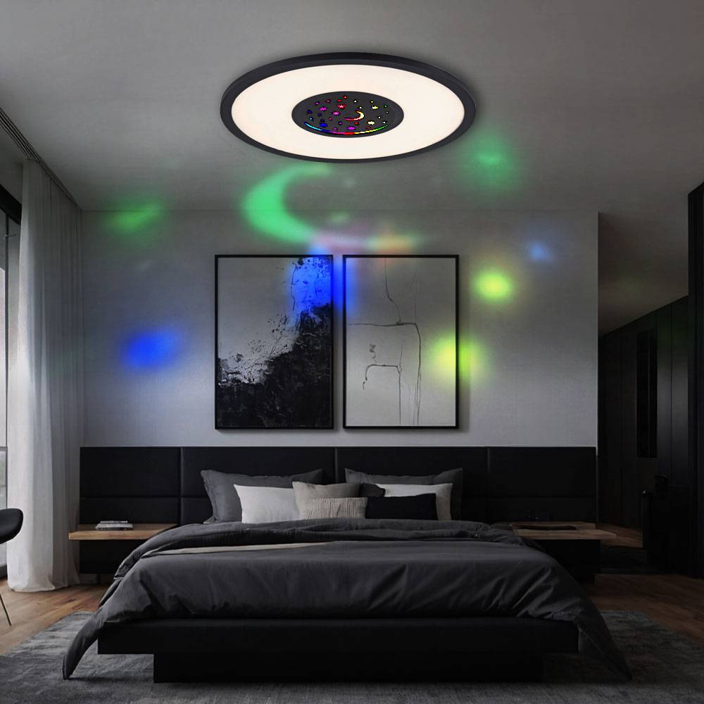 Deckenleuchte mit Fernbedienung Wohnzimmerleuchte dimmbar Deckenlampe Kinderzimmer, CCT, Drehplatte Mond/Sterne, 1x LED 17,5W 1050Lm, 1x RGB 2W