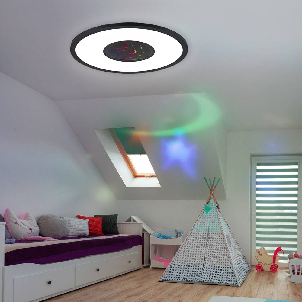 Deckenleuchte mit Fernbedienung Wohnzimmerleuchte dimmbar Deckenlampe Kinderzimmer, CCT, Drehplatte Mond/Sterne, 1x LED 17,5W 1050Lm, 1x RGB 2W