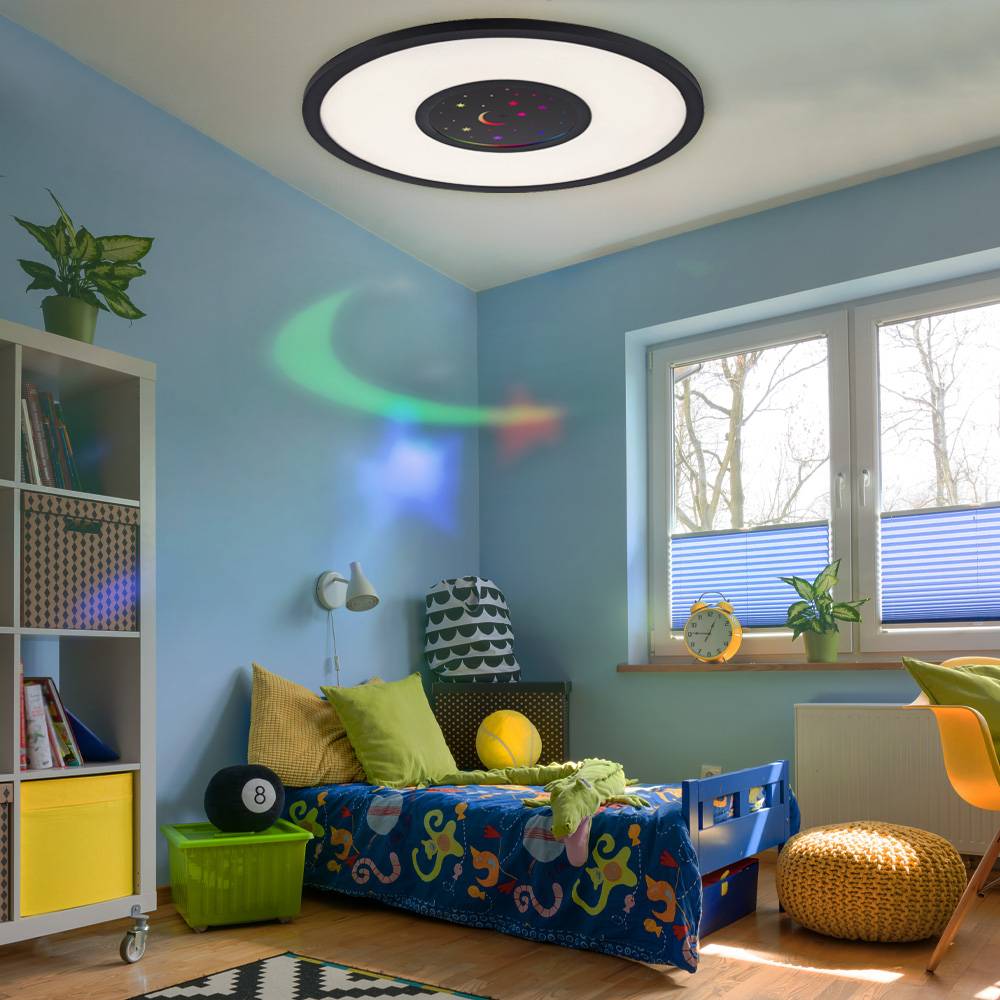 Deckenleuchte mit Fernbedienung Wohnzimmerleuchte dimmbar Deckenlampe Kinderzimmer, CCT, Drehplatte Mond/Sterne, 1x LED 17,5W 1050Lm, 1x RGB 2W