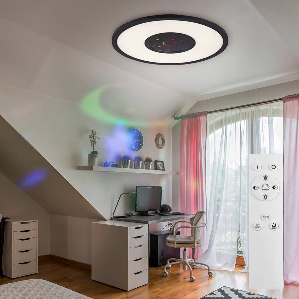 Deckenleuchte mit Fernbedienung Wohnzimmerleuchte dimmbar Deckenlampe Kinderzimmer, CCT, Drehplatte Mond/Sterne, 1x LED 17,5W 1050Lm, 1x RGB 2W