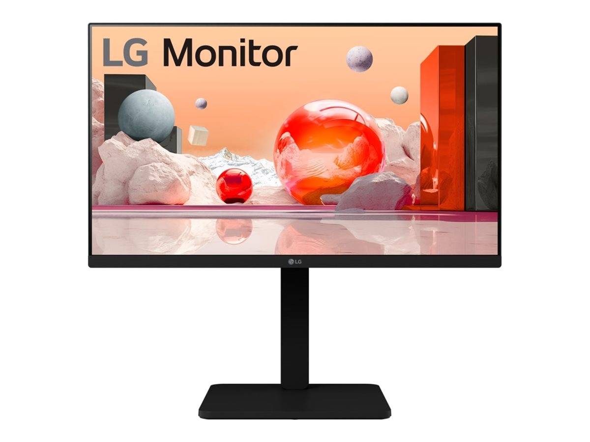 LG-Monitor auf einem schwarzen Ständer, der eine farbenfrohe abstrakte Szene mit schwebenden Kugeln und geometrischen Blöcken auf orangefarbenem Hintergrund anzeigt.
