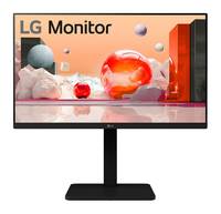 LG Monitor zeigt eine farbenfrohe abstrakte 3D-Landschaft mit schwebenden Kugeln und geometrischen Formen, montiert auf einem schwarzen Ständer.