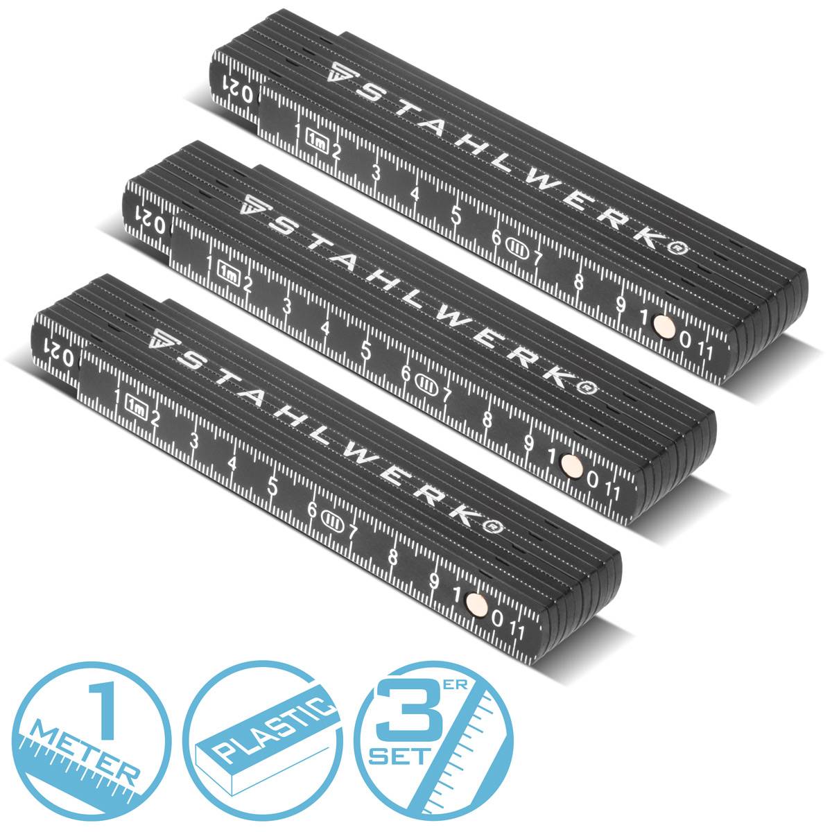 STAHLWERK Zollstock 3er Set 1 Meter präziser Kunststoff-Gliedermaßstab Meterstab