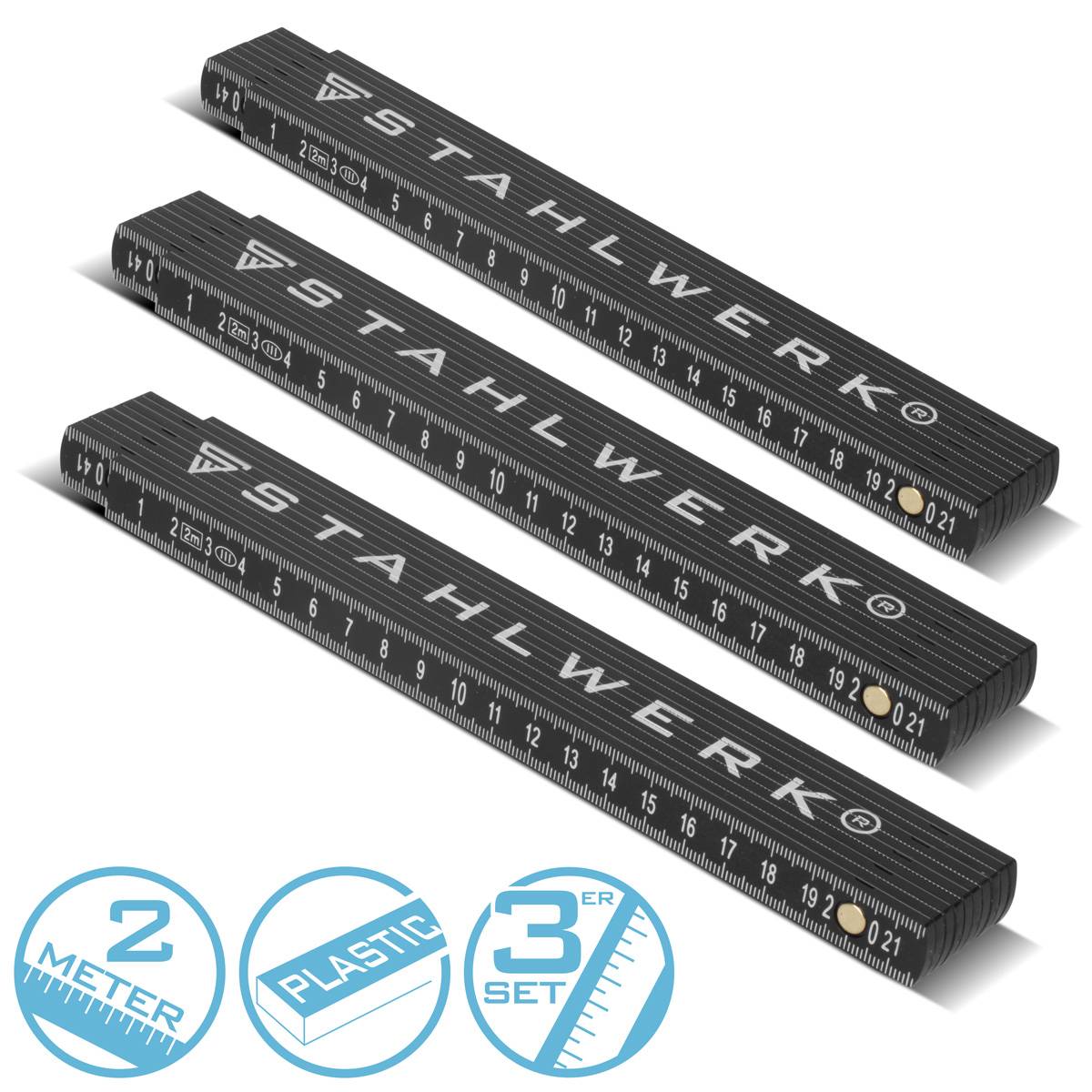 STAHLWERK Zollstock 3er Set 2 Meter präziser Kunststoff-Gliedermaßstab Meterstab