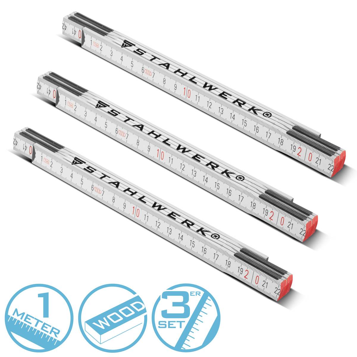 STAHLWERK Zollstock 3er Set 1 Meter präziser Holz-Gliedermaßstab, Meterstab