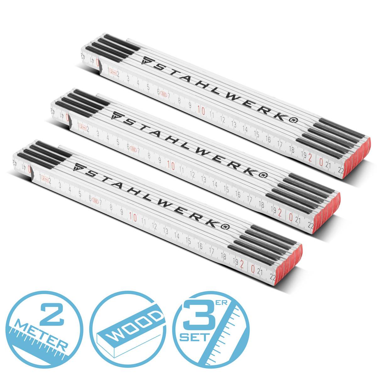 STAHLWERK Zollstock 3er Set 2 Meter präziser Holz-Gliedermaßstab, Meterstab