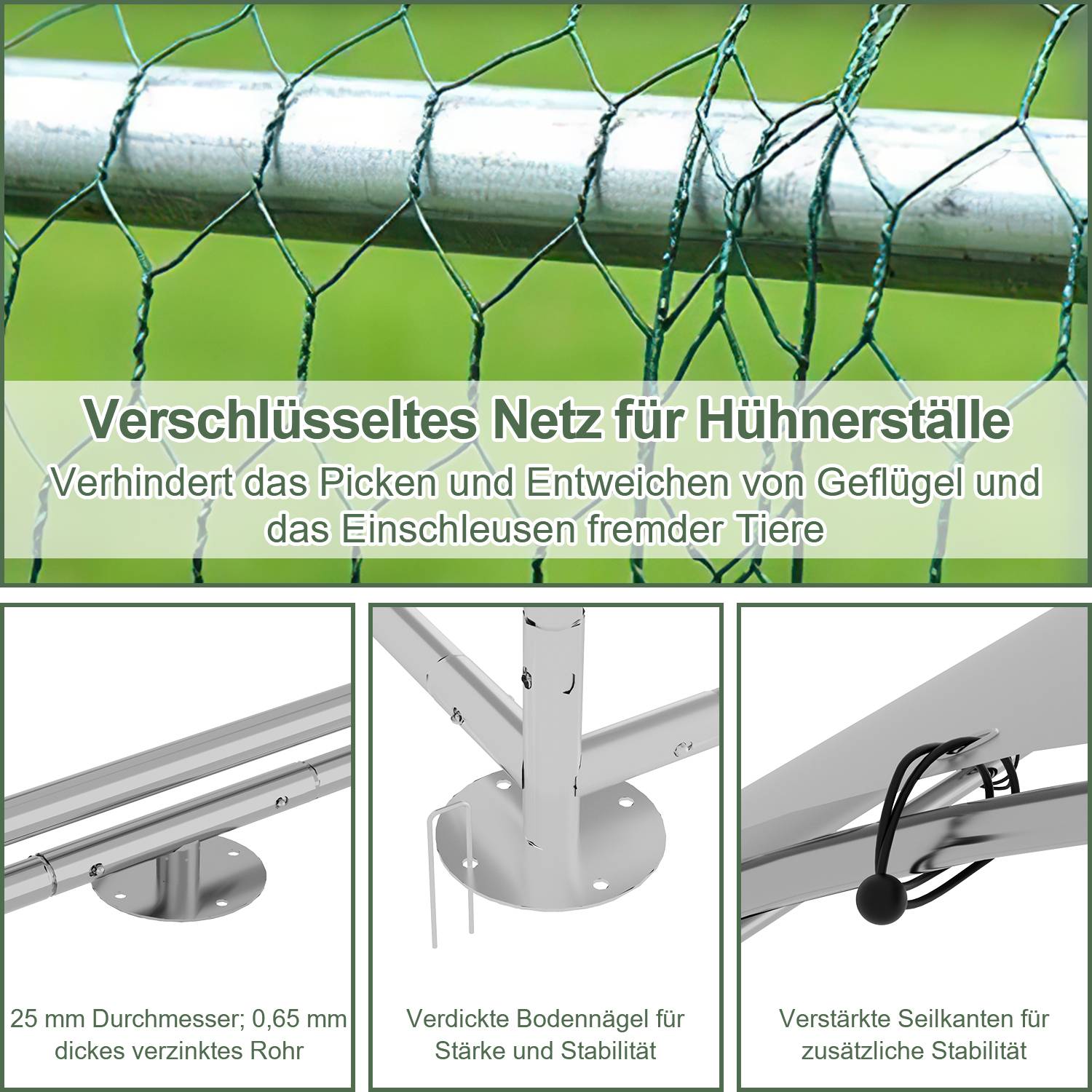 3x2x2m Hühnerstall Kuppeldach Tiergehege Freilaufgehege Tierlaufstall mit PE-Schattendach, Verzinkter Stahlrahmen, Außenzaun Verwendet für Hühner