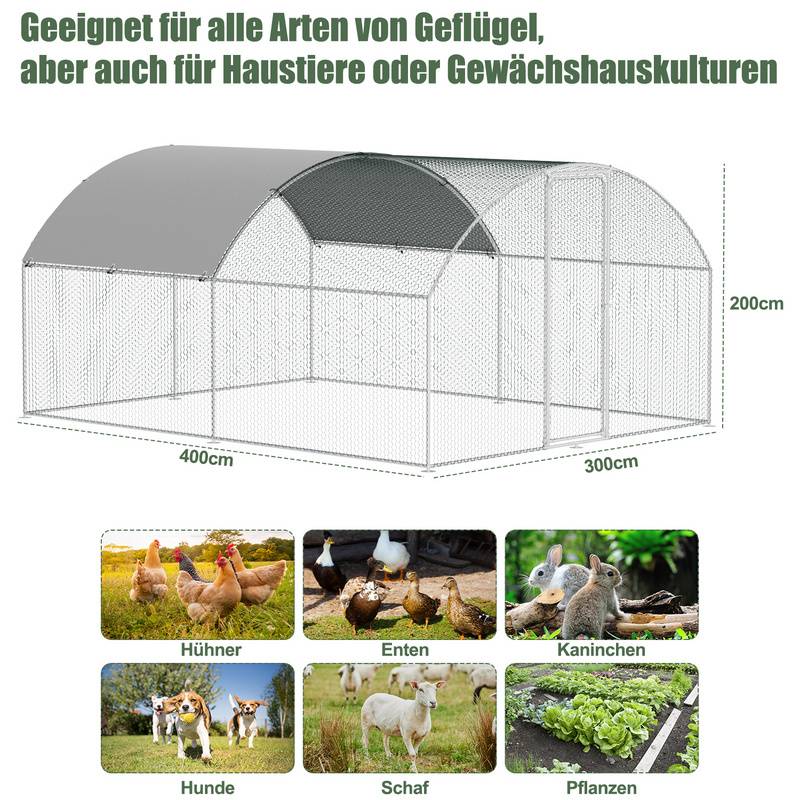 3x4x2m Hühnerstall Kuppeldach Tiergehege Freilaufgehege Tierlaufstall mit PE-Schattendach, Verzinkter Stahlrahmen, Außenzaun Verwendet für Hühner